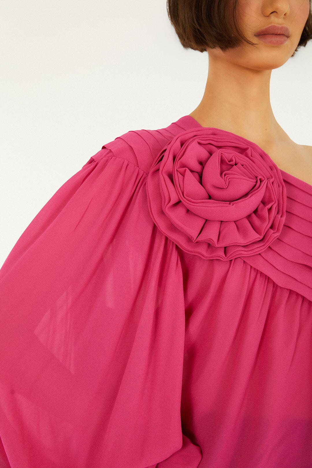 Pink 3d Rose One-Shoulder Blouse