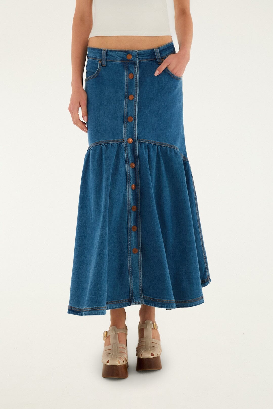 Panelled Denim Long Skirt