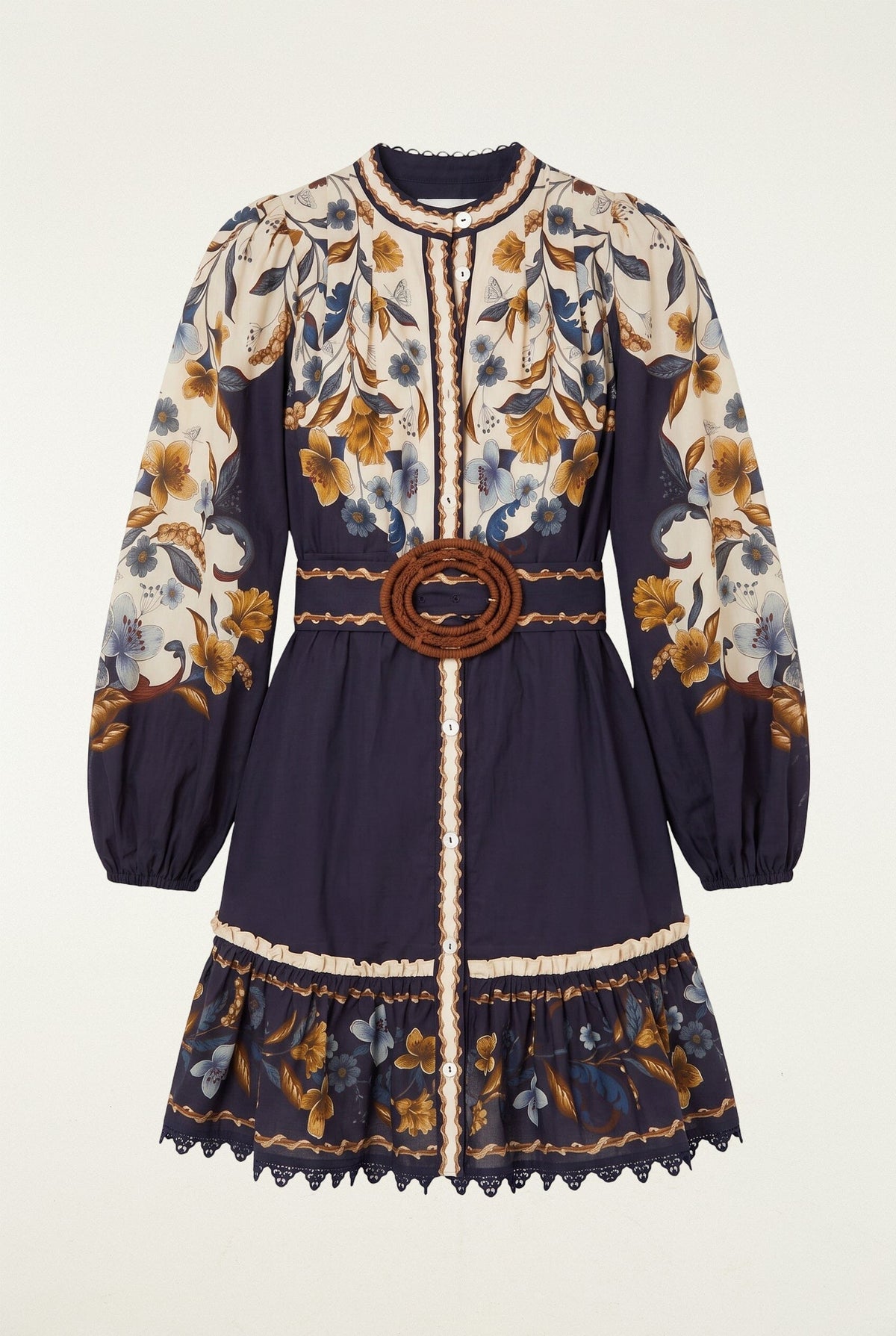 Golden Nature Belted Long Sleeve Mini Dress
