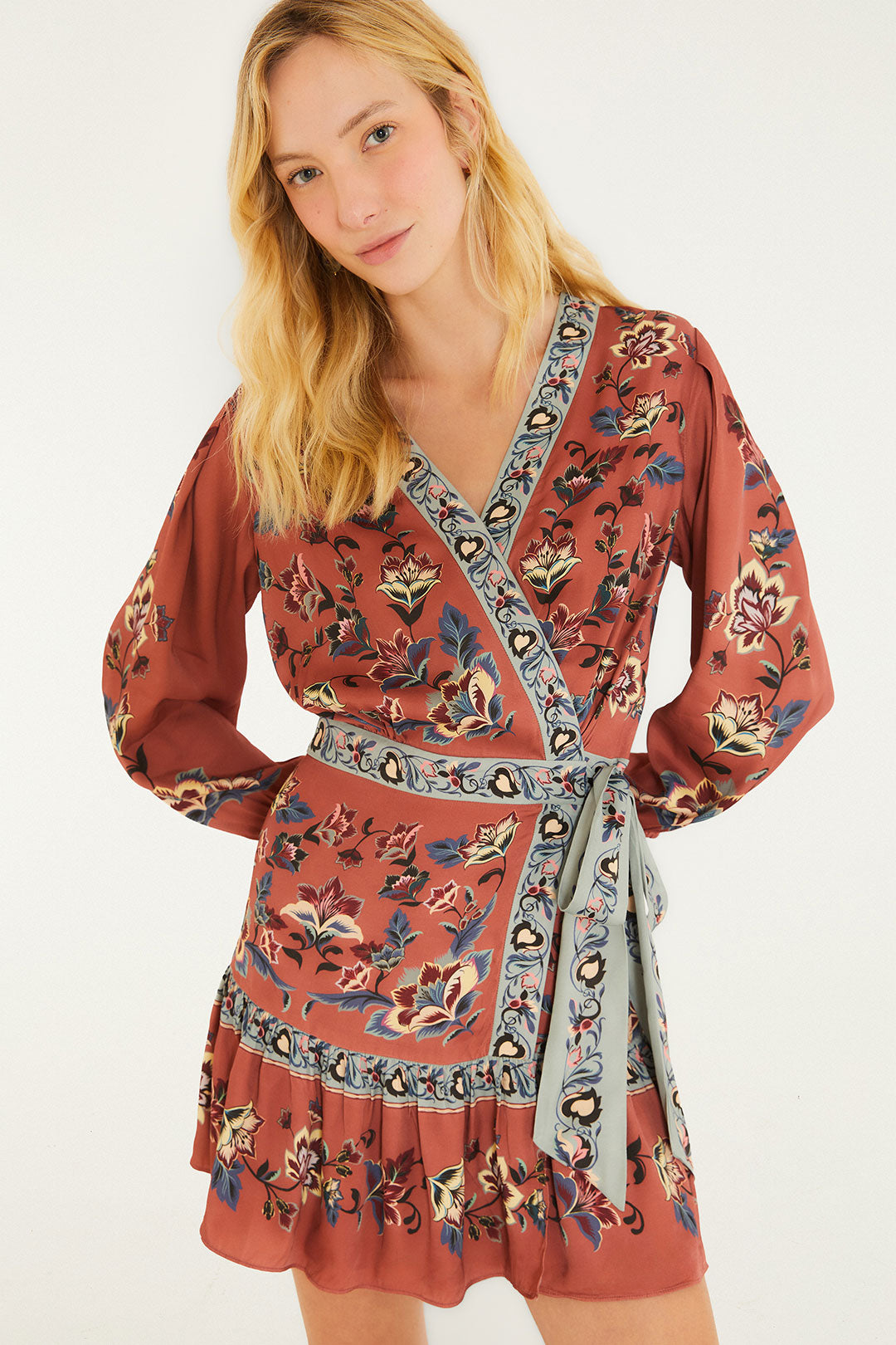 Floral Beauty Tapestry Wrap Mini Dress