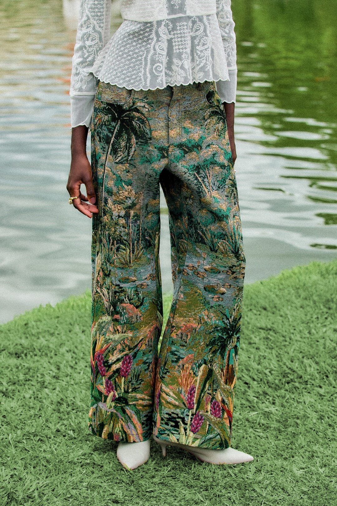Petricor Jacquard Wide-Leg Denim Trousers