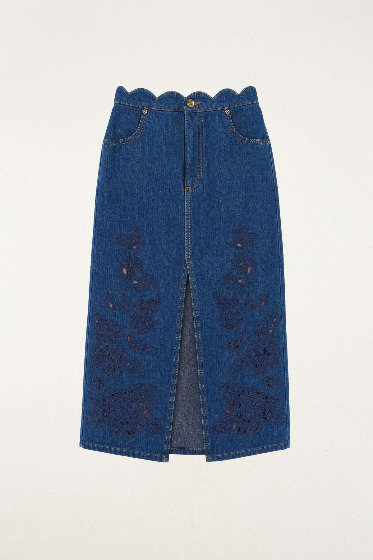 Richelieu Front Slit Denim Midi Skirt