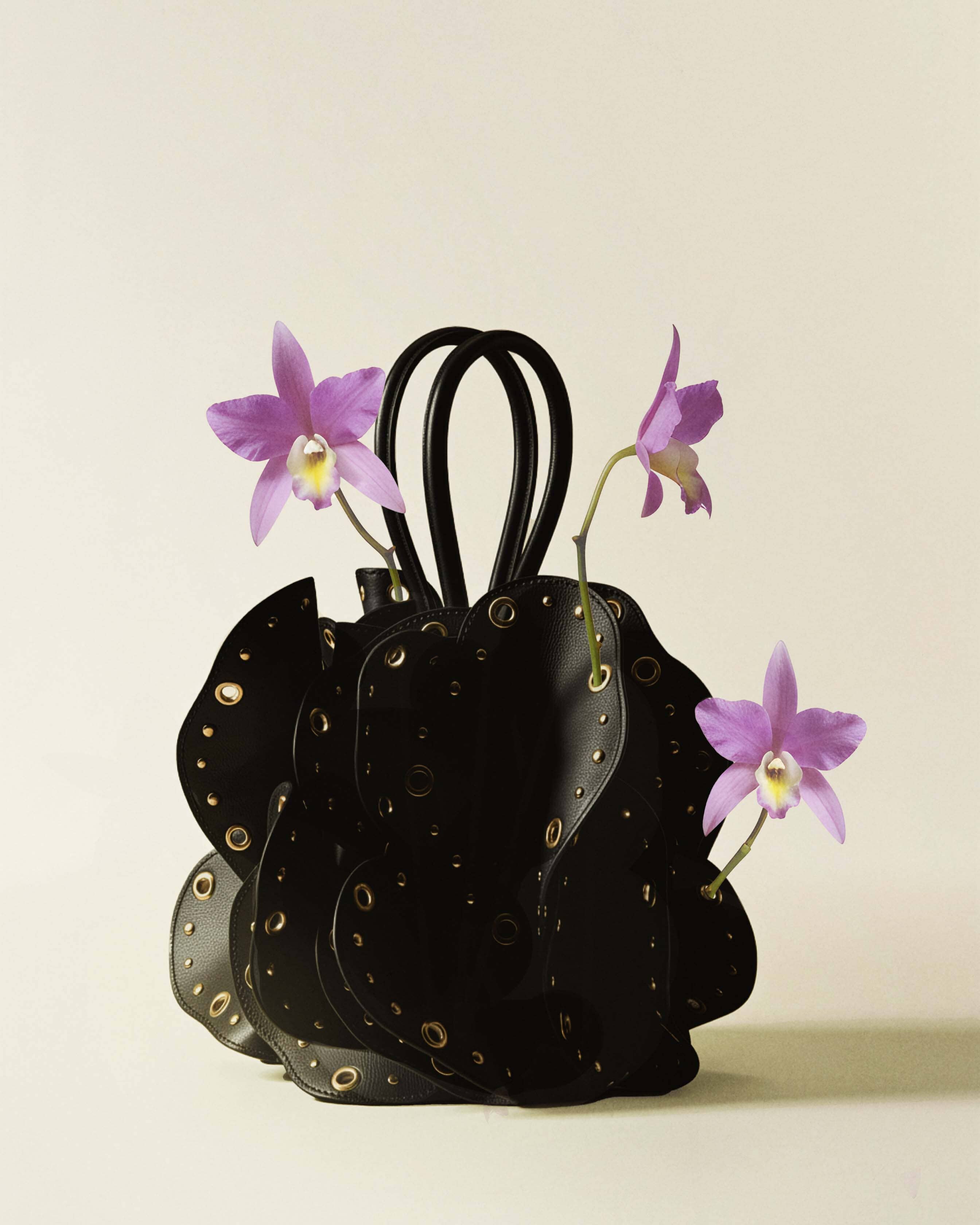 Black Leather Studded Flower Bag | FARM Rio