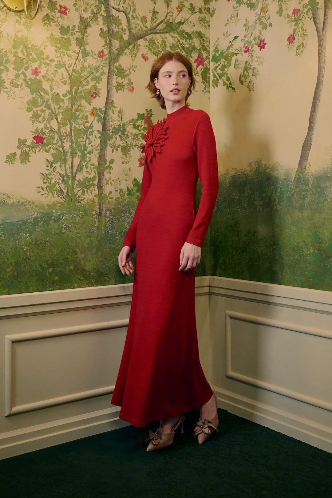 FARM Rio model wearing the 3d Flower Long Sleeve Maxi Dress