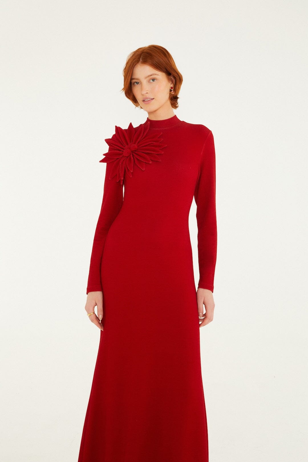 FARM Rio model wearing the 3d Flower Long Sleeve Maxi Dress