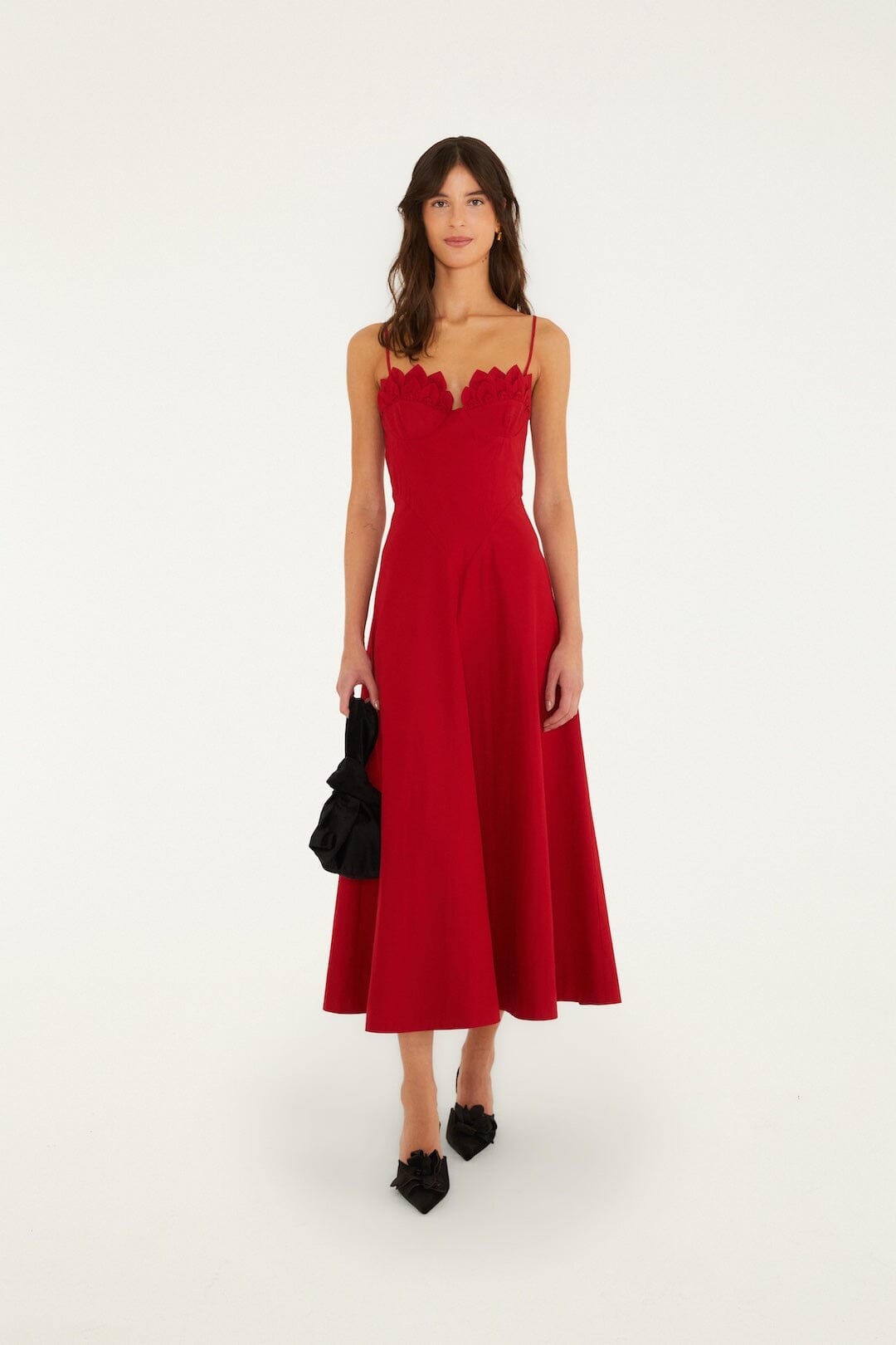FARM Rio model wearing the 3d Flower Sleeveless Midi Dress