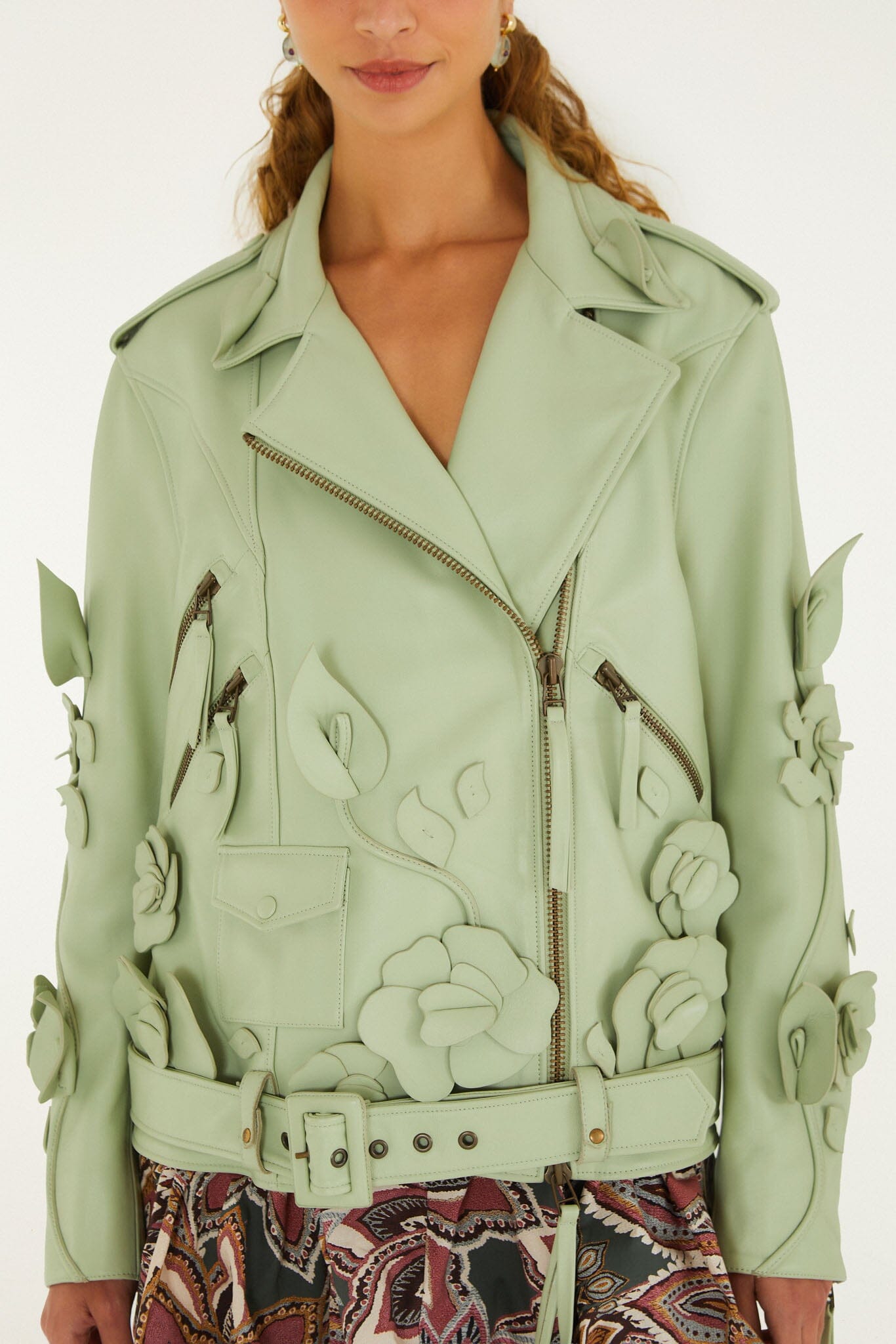 FARM Rio model wearing the 3d Flowers Belted Biker Leather Jacket
