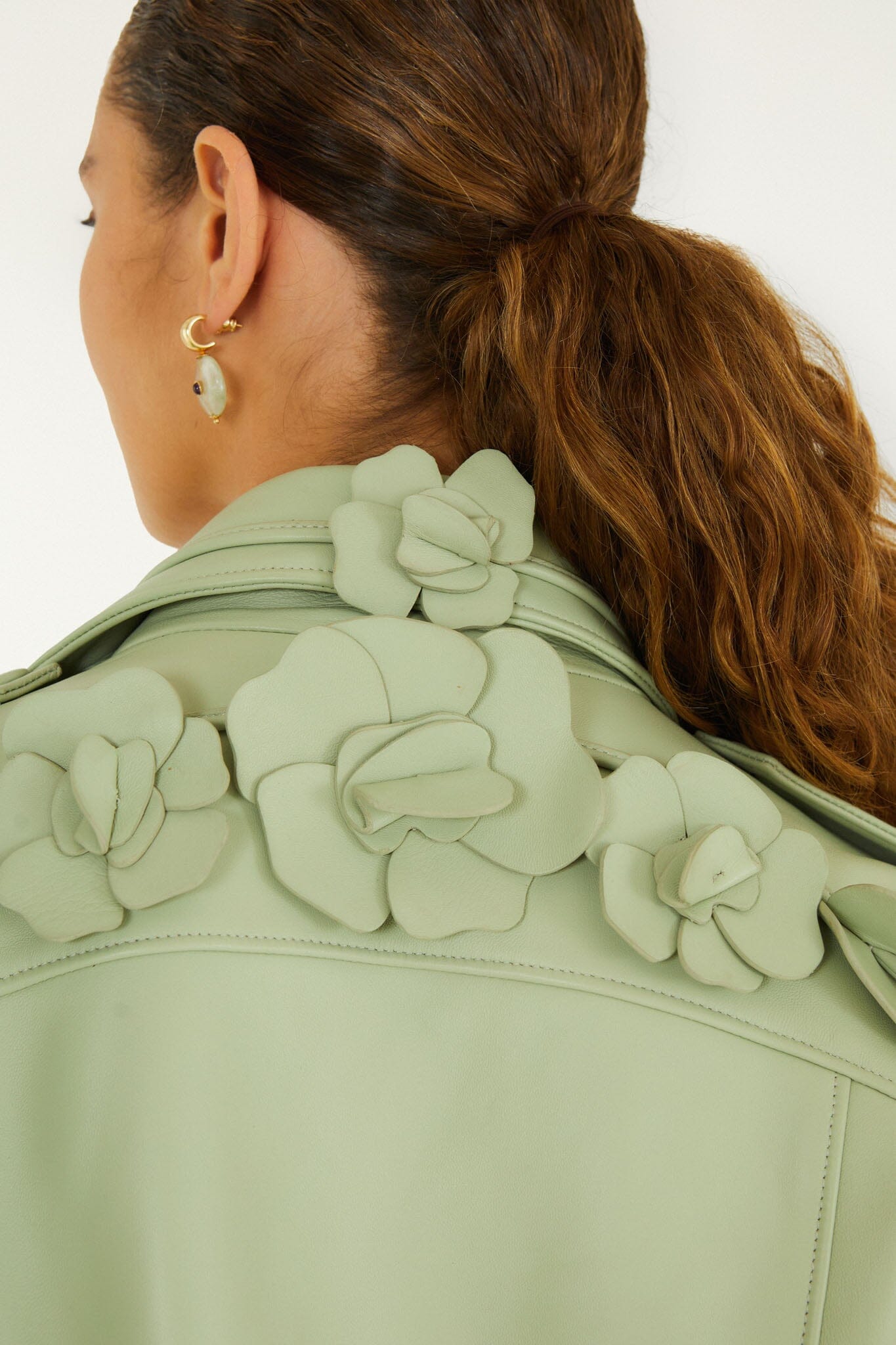 FARM Rio model wearing the 3d Flowers Belted Biker Leather Jacket