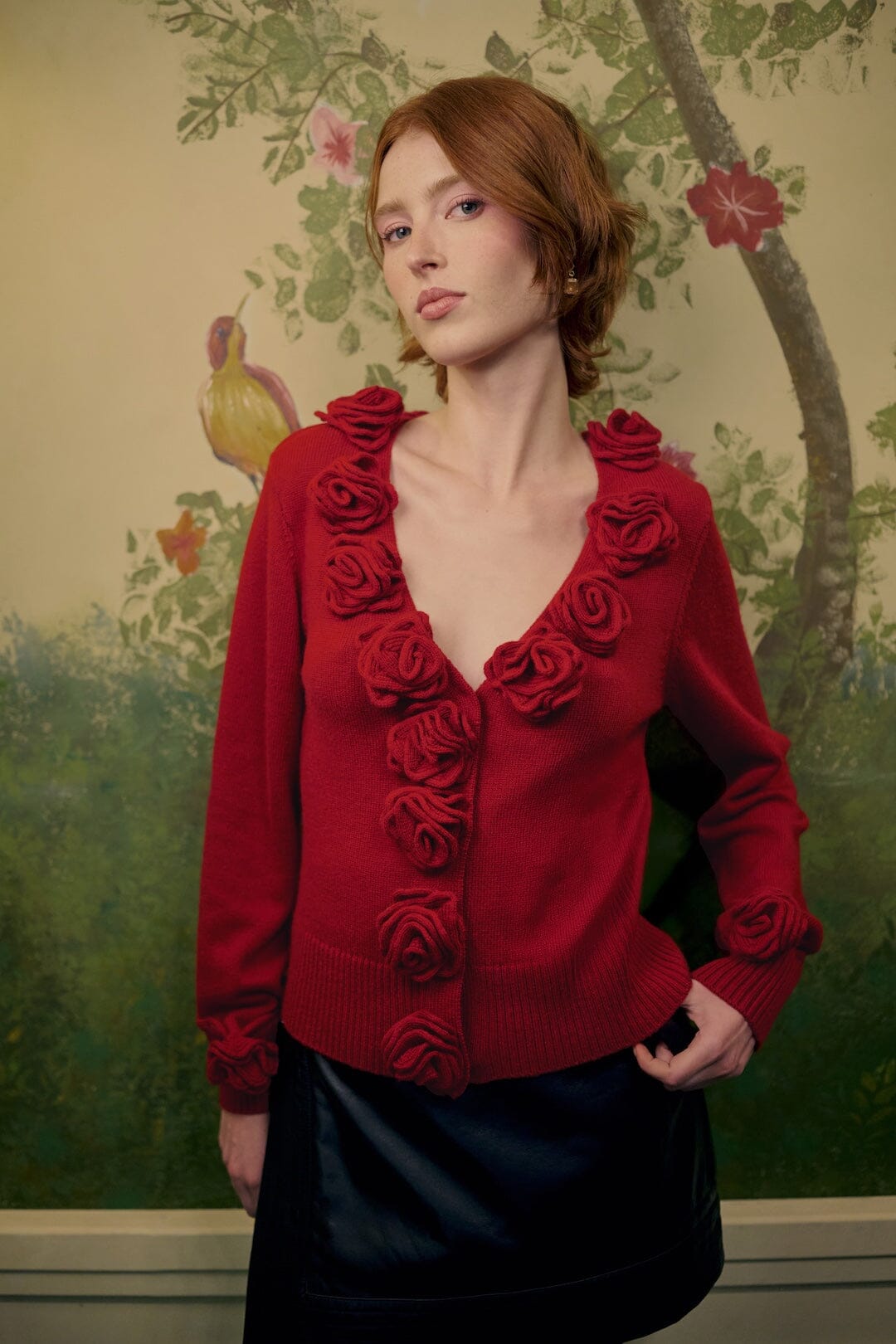 FARM Rio model wearing the 3d Flowers Knit Cardigan