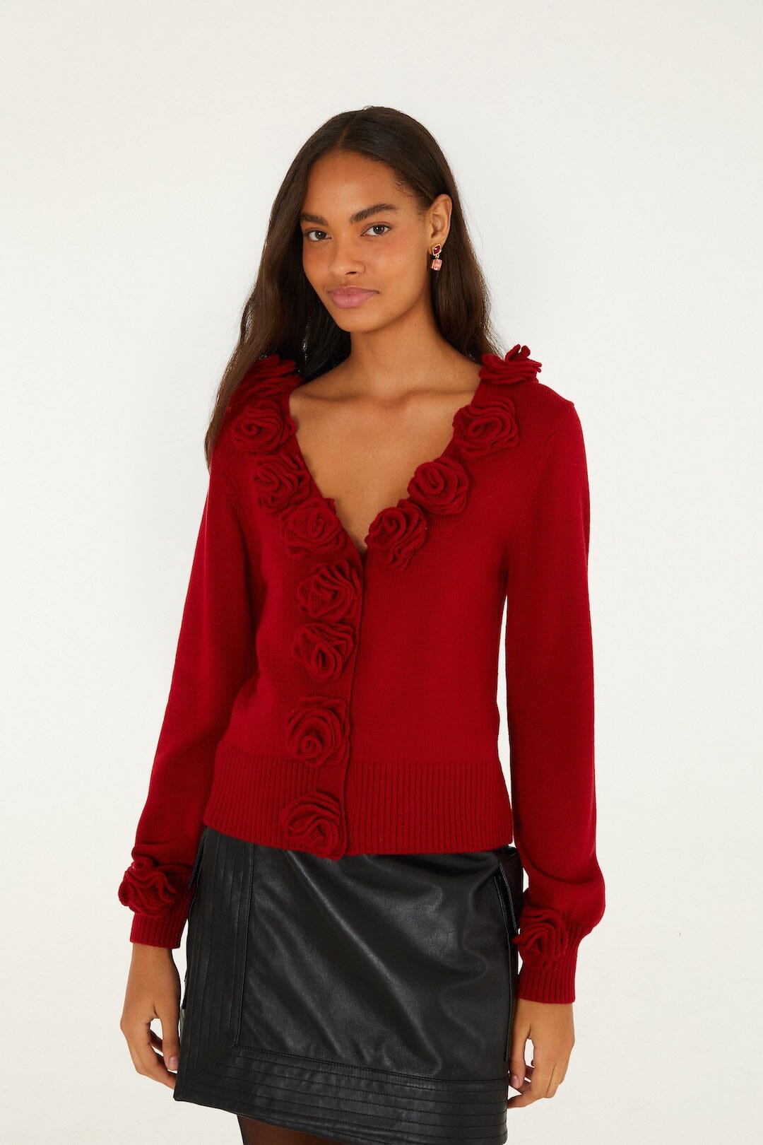 FARM Rio model wearing the 3d Flowers Knit Cardigan