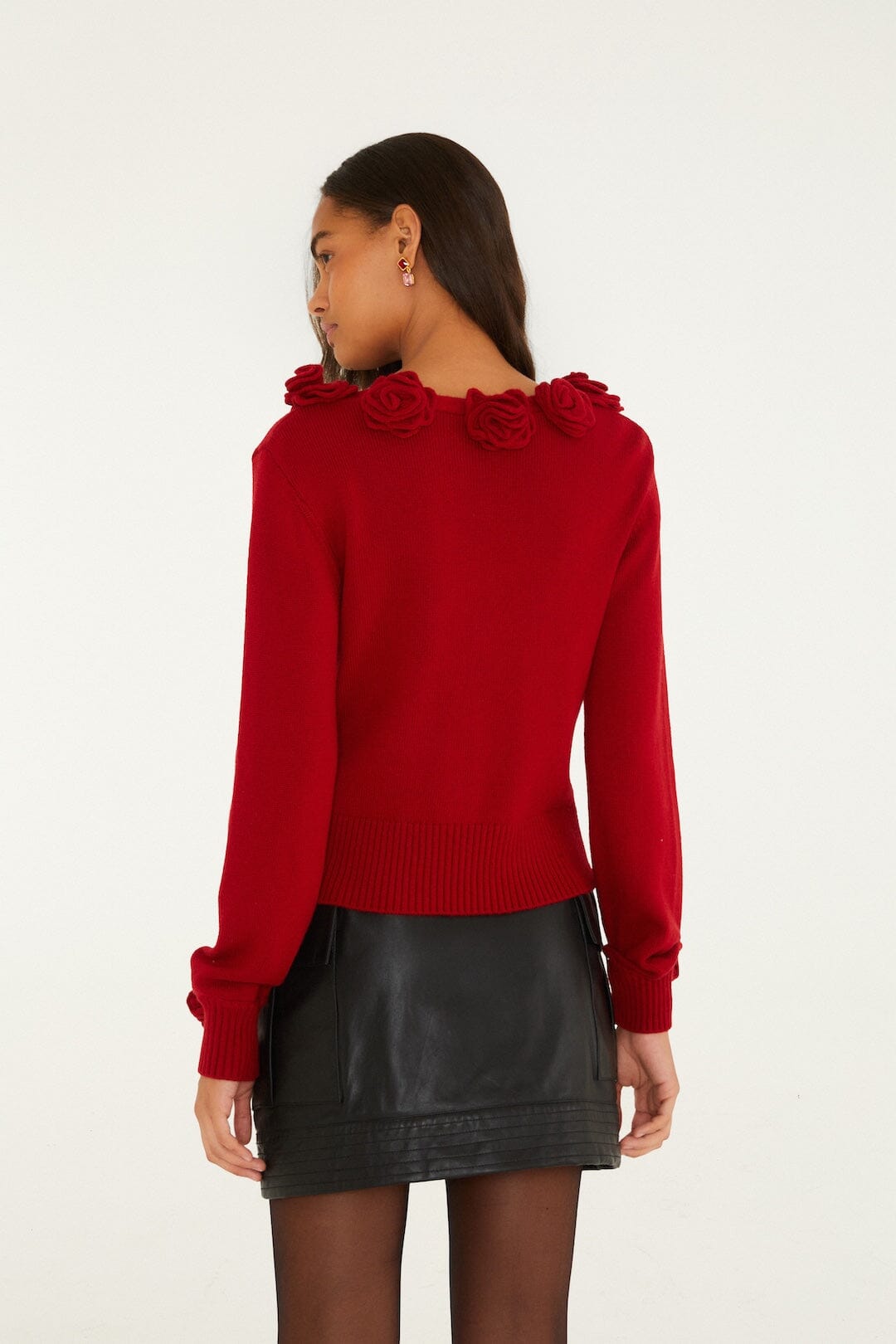 FARM Rio model wearing the 3d Flowers Knit Cardigan
