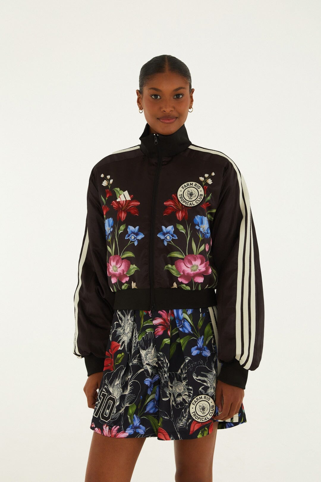 FARM Rio model wearing the Ainika Floral Black Adidas Track Top