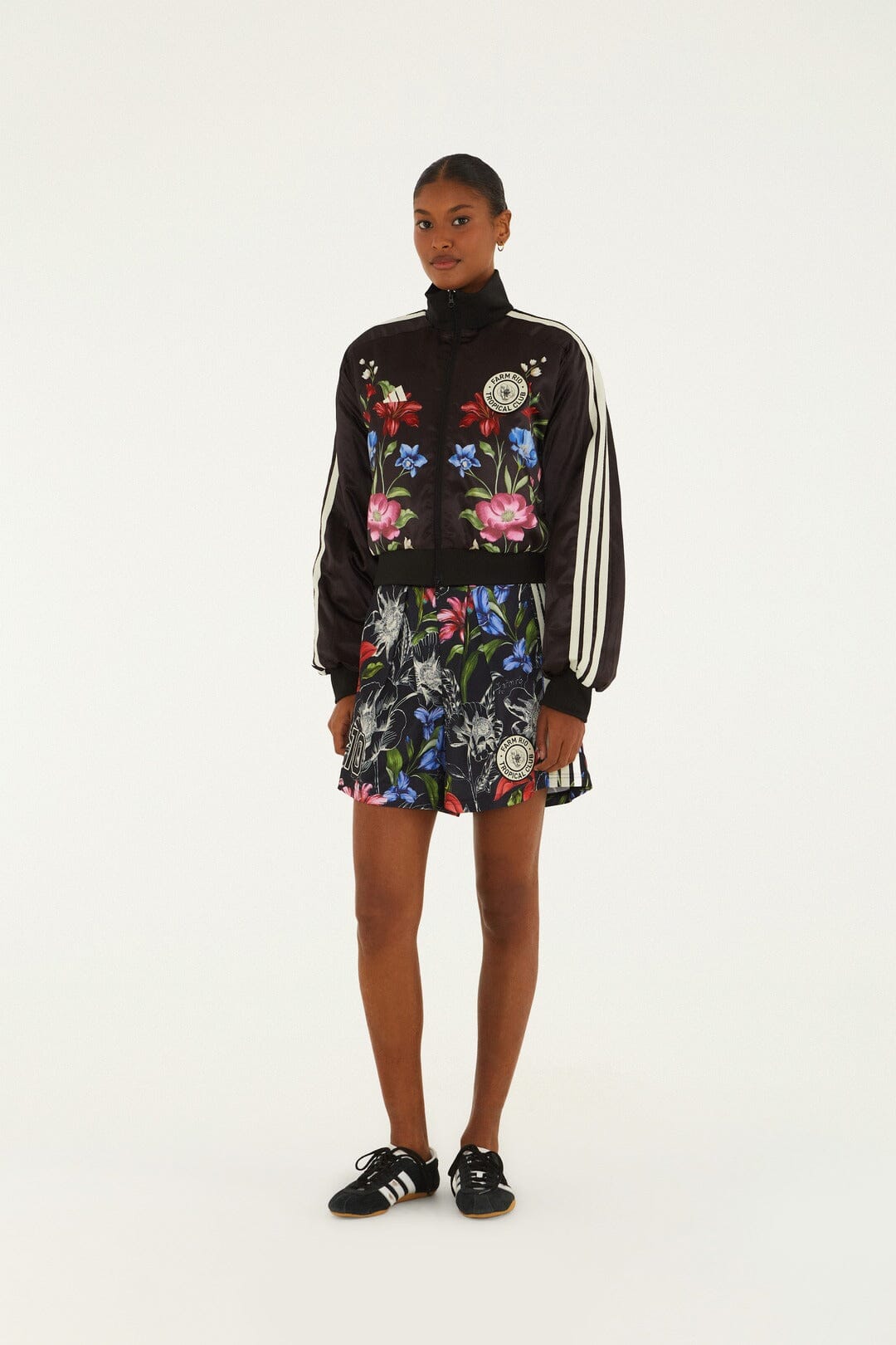 FARM Rio model wearing the Ainika Floral Black Adidas Track Top