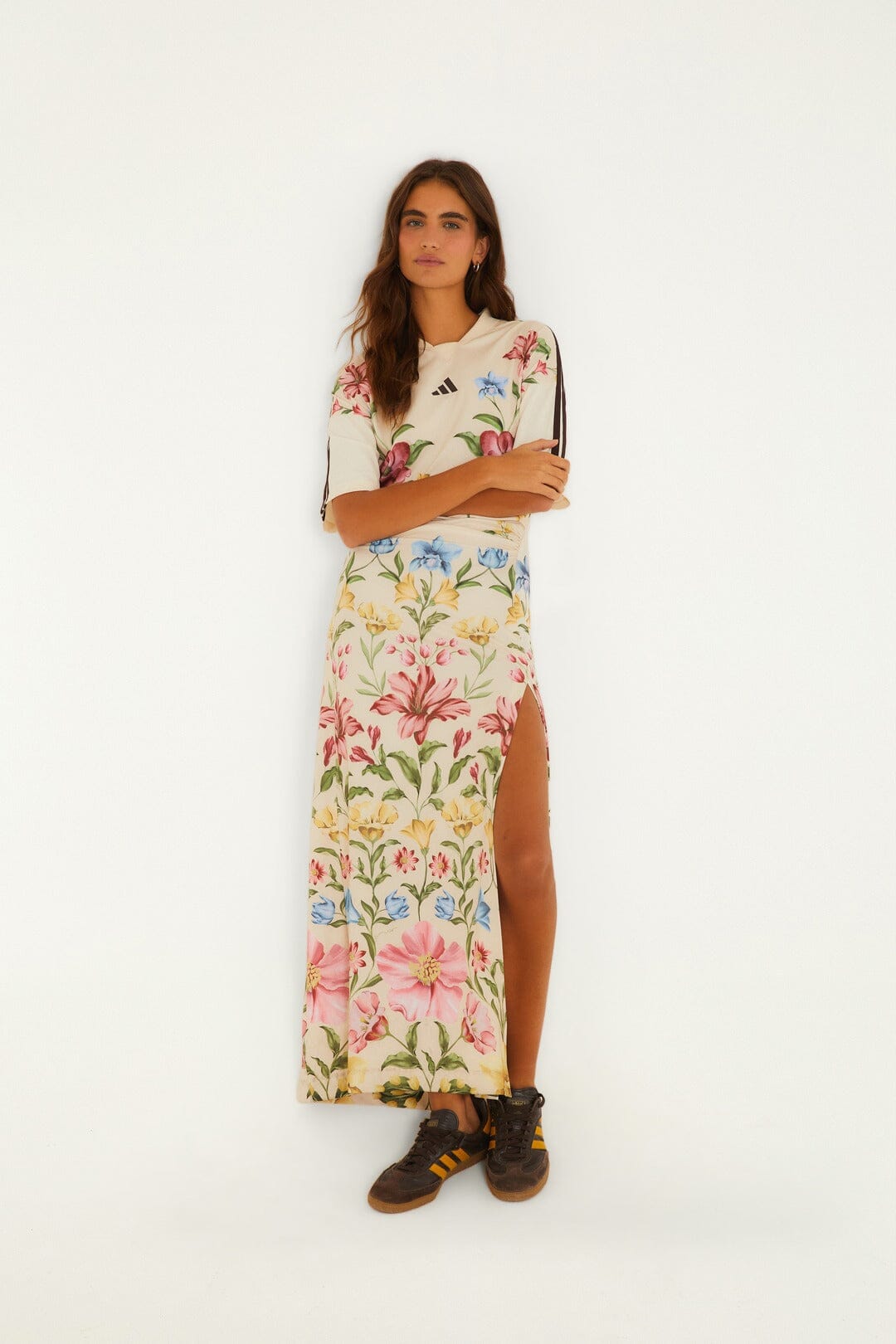 FARM Rio model wearing the Ainika Floral Off-White Adidas Midi Dress