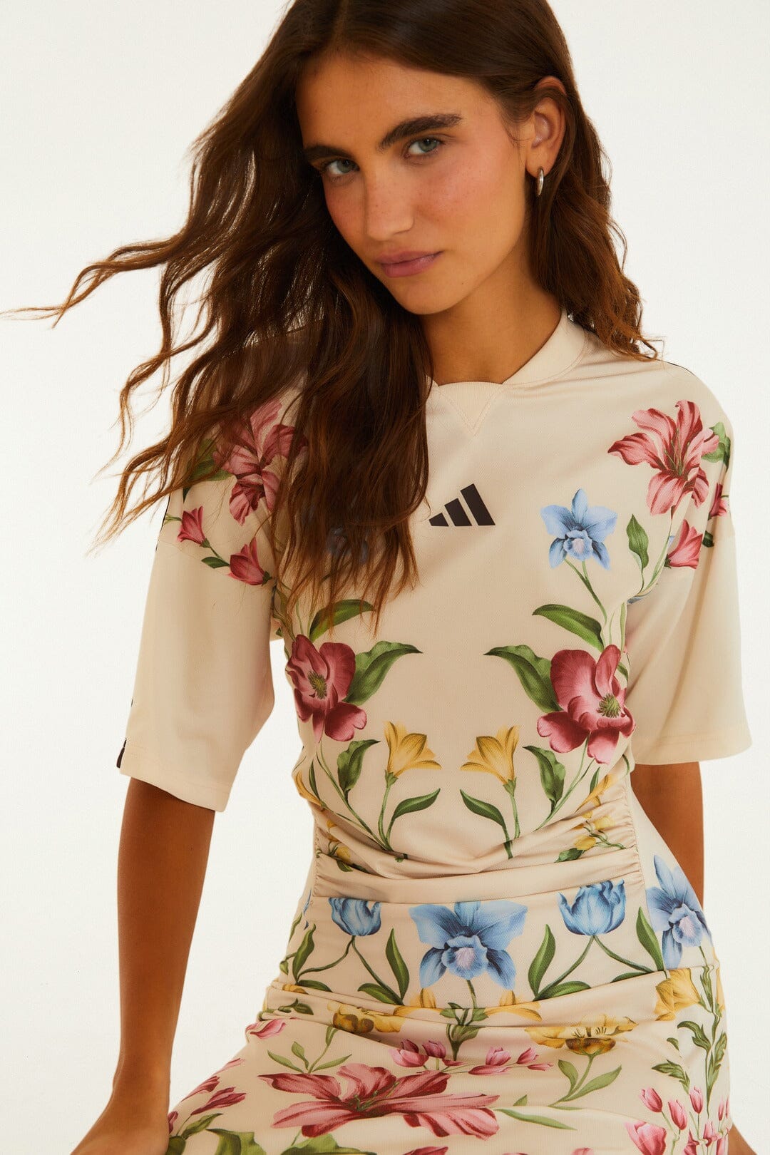 FARM Rio model wearing the Ainika Floral Off-White Adidas Midi Dress