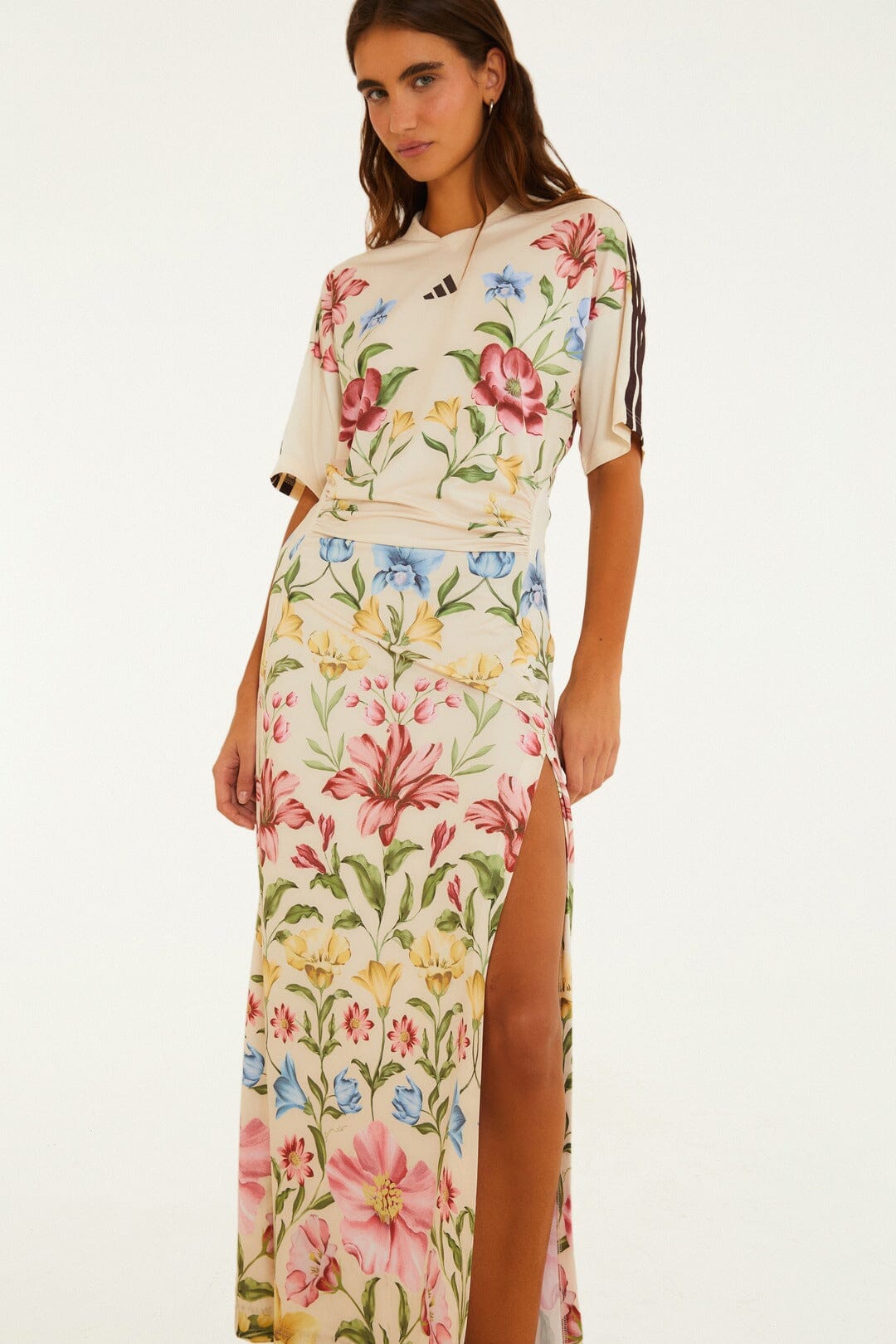 FARM Rio model wearing the Ainika Floral Off-White Adidas Midi Dress