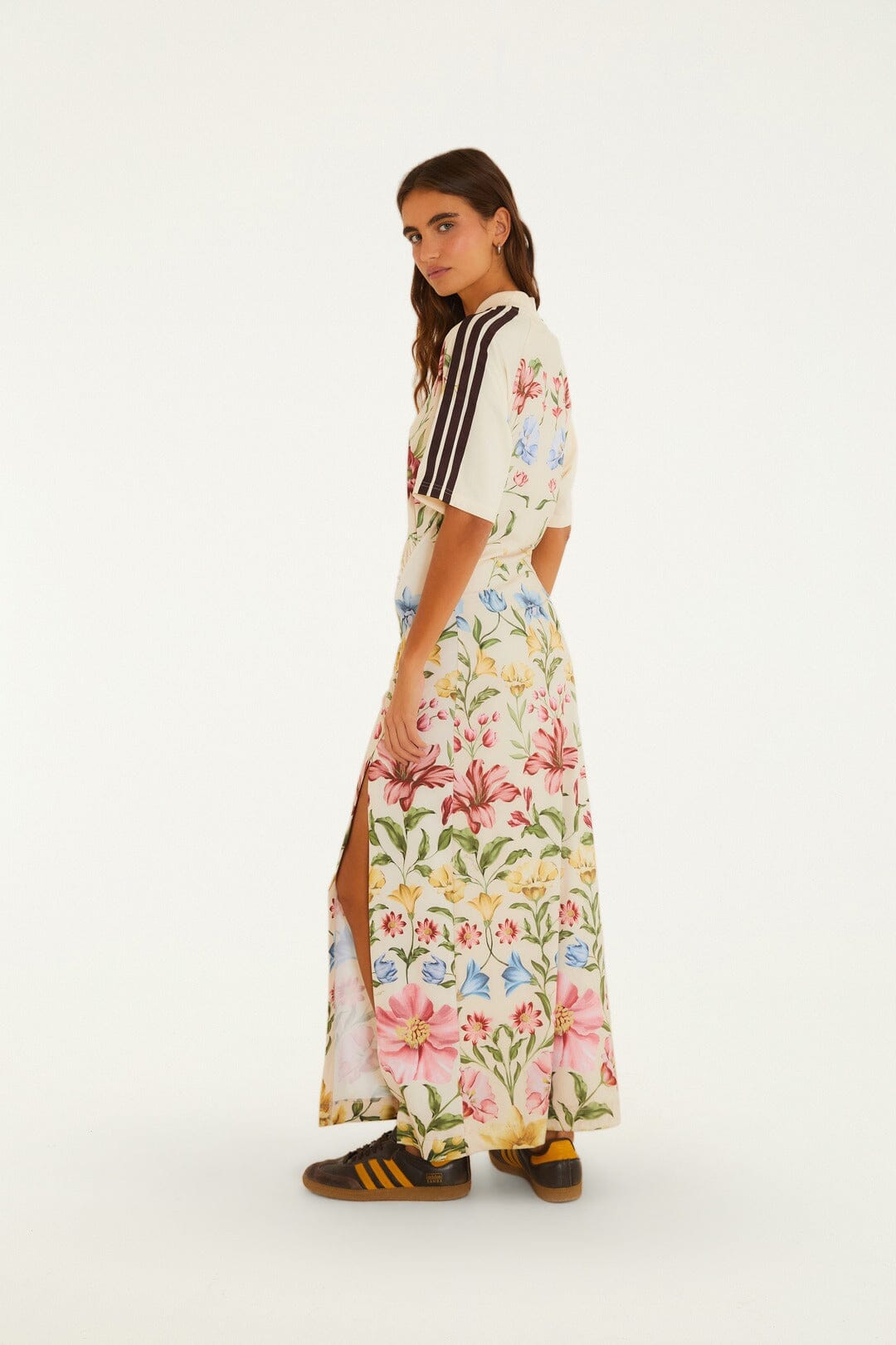 FARM Rio model wearing the Ainika Floral Off-White Adidas Midi Dress