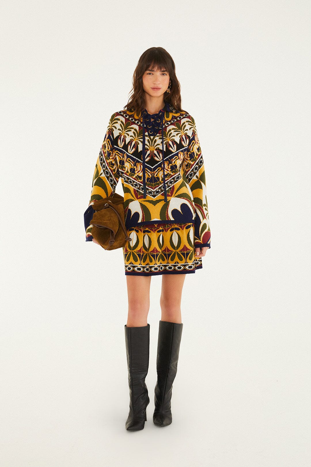 FARM Rio model wearing the Ainika Pietra Dura Knit Skirt