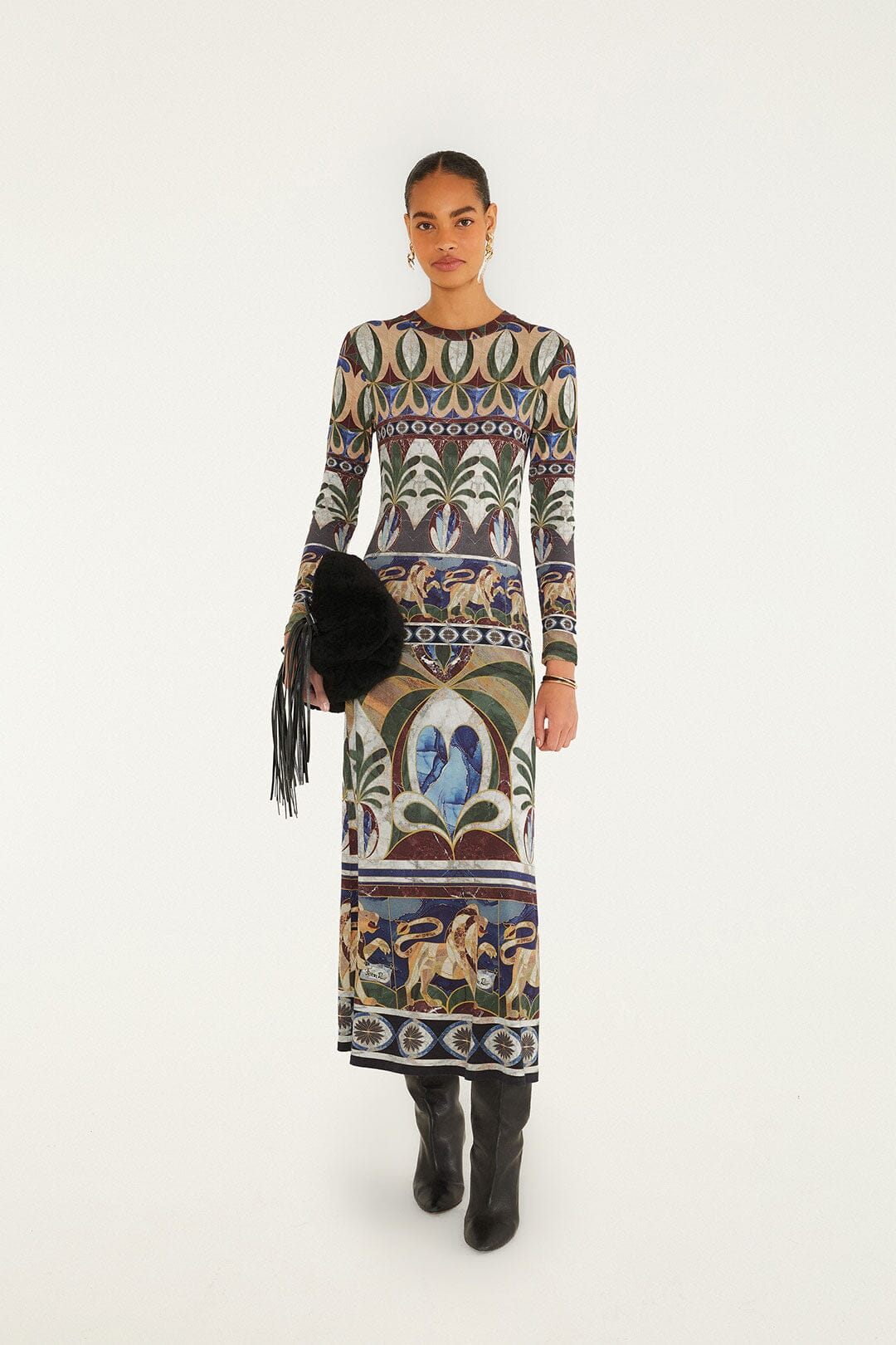 FARM Rio model wearing the Ainika Pietra Dura Long Sleeve Midi Dress