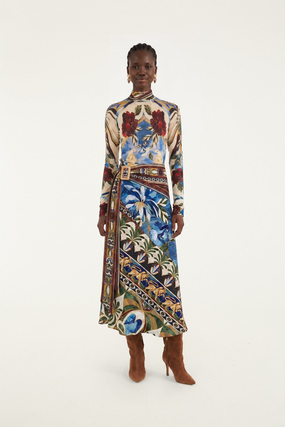 FARM Rio model wearing the Ainika Pietra Dura Removable Scarf Maxi Skirt