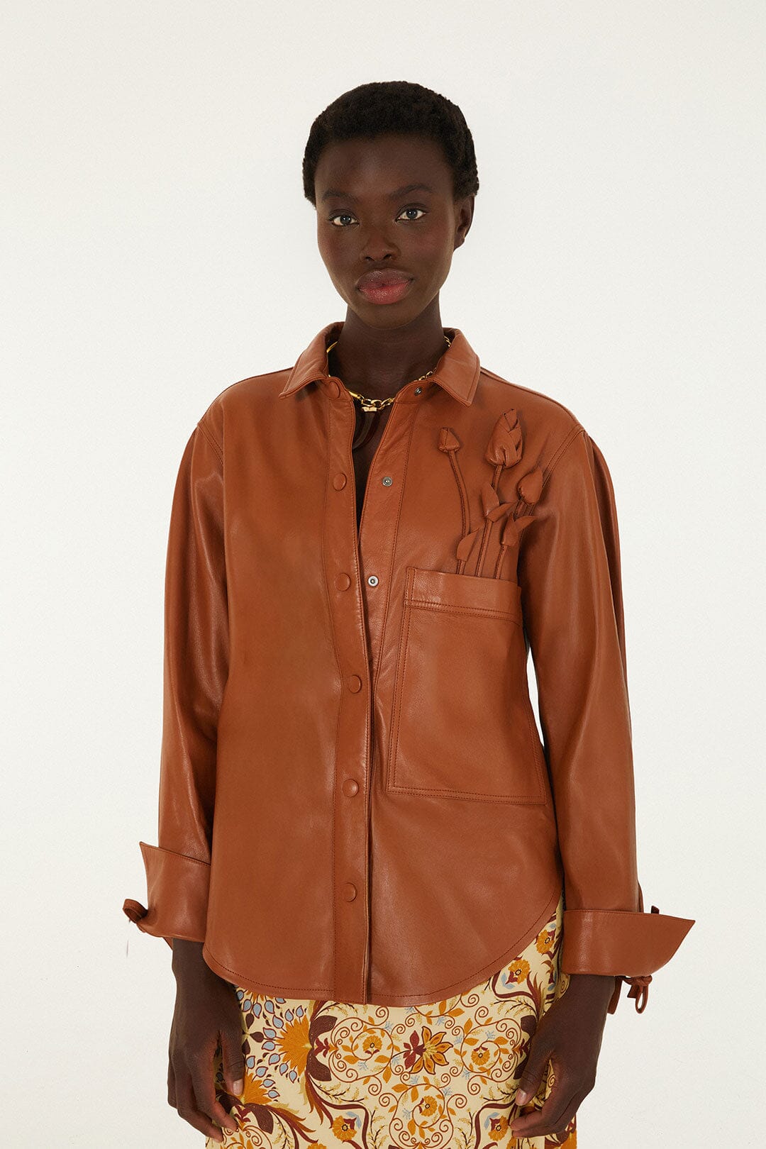 FARM Rio model wearing the Almost Famous Leather Shirt