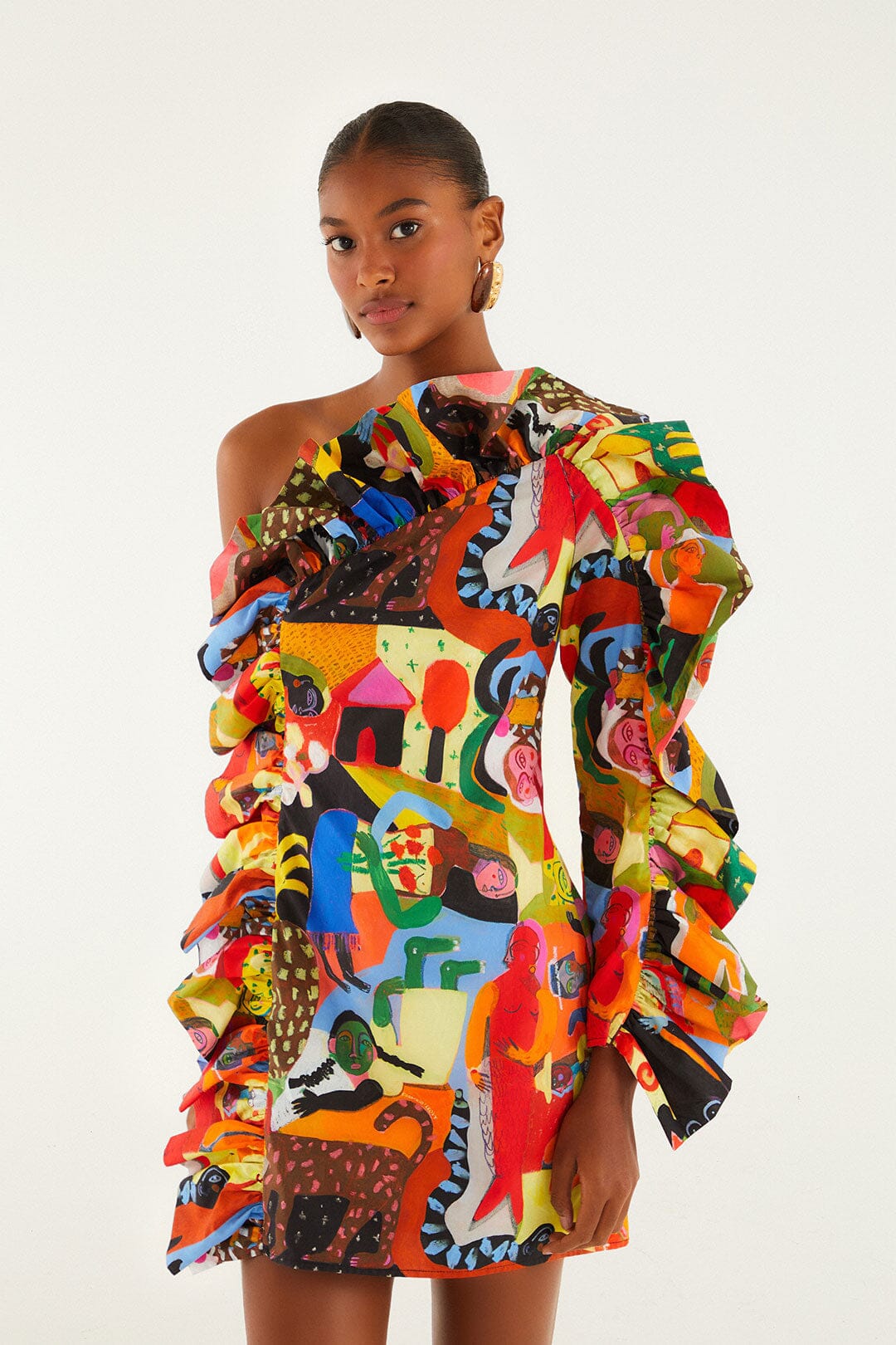 FARM Rio model wearing the Ana Leovy Farm Rio Organic Cotton One Shoulder Mini Dress