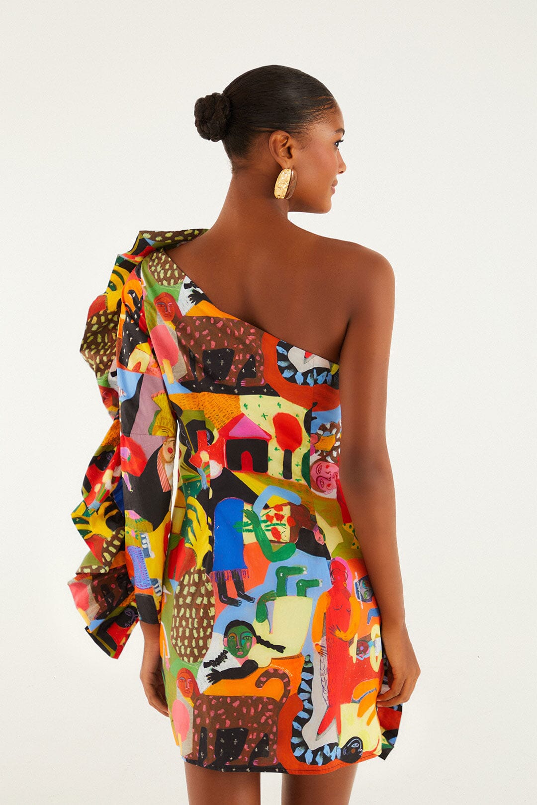 FARM Rio model wearing the Ana Leovy Farm Rio Organic Cotton One Shoulder Mini Dress