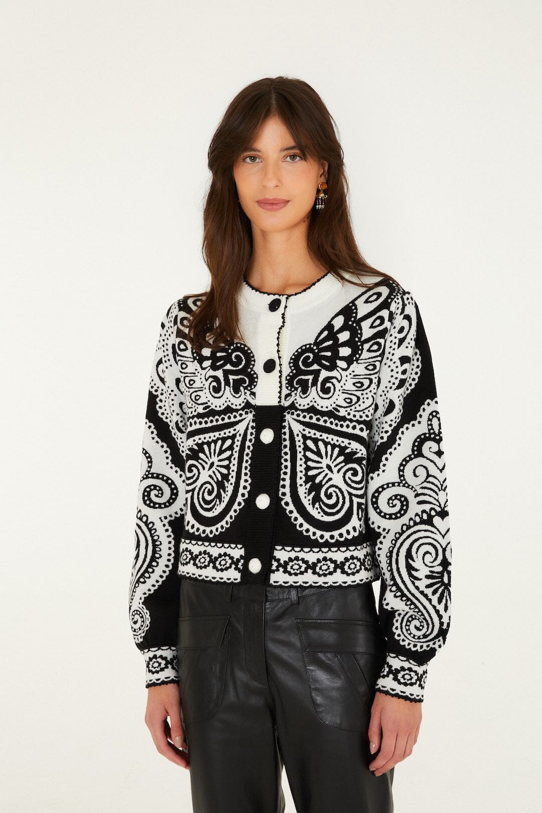 FARM Rio model wearing the Arabesque Butterlfy Buttoned Knit Cardigan