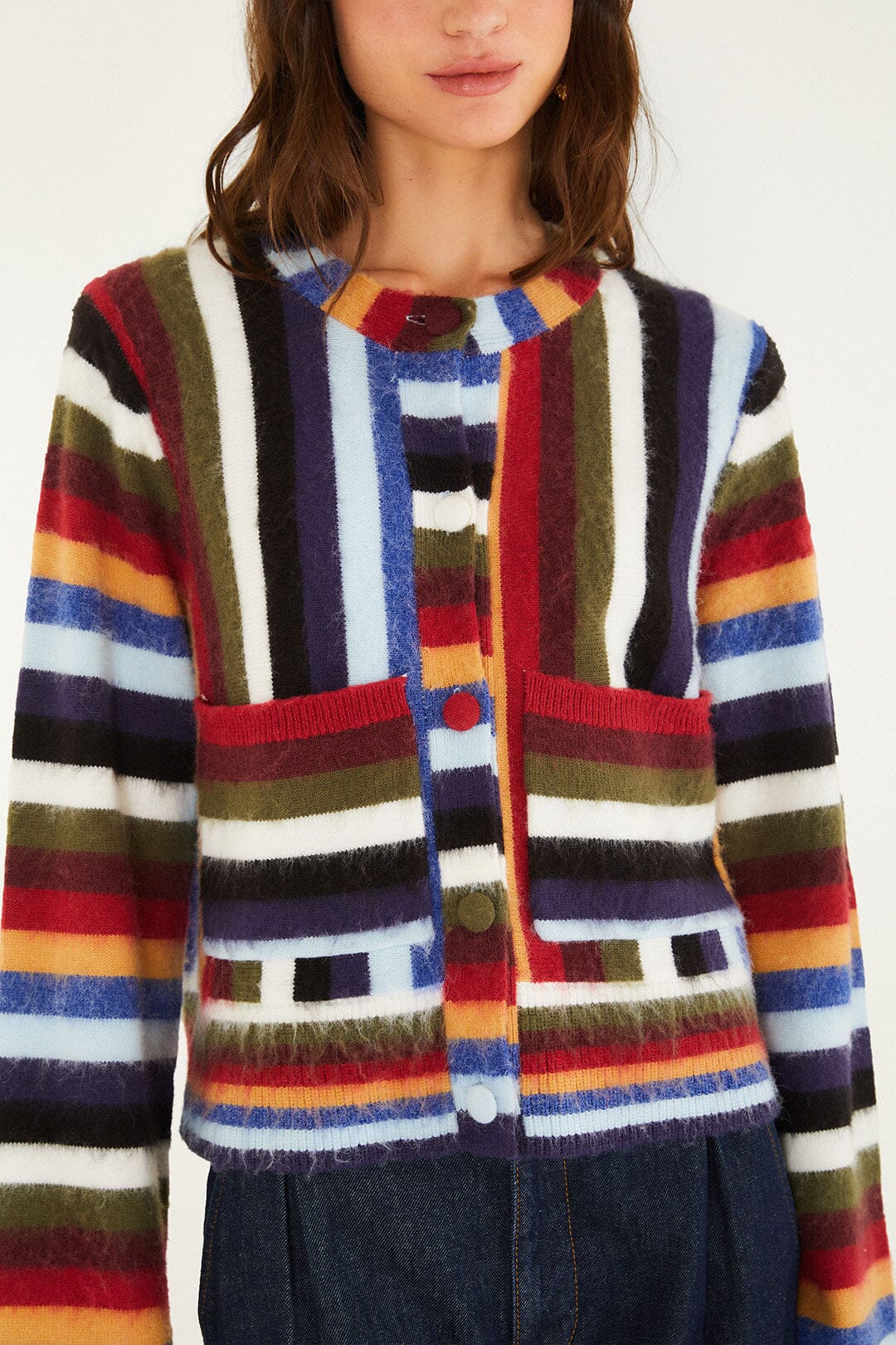 FARM Rio model wearing the Artsy Stripes Knit Cardigan