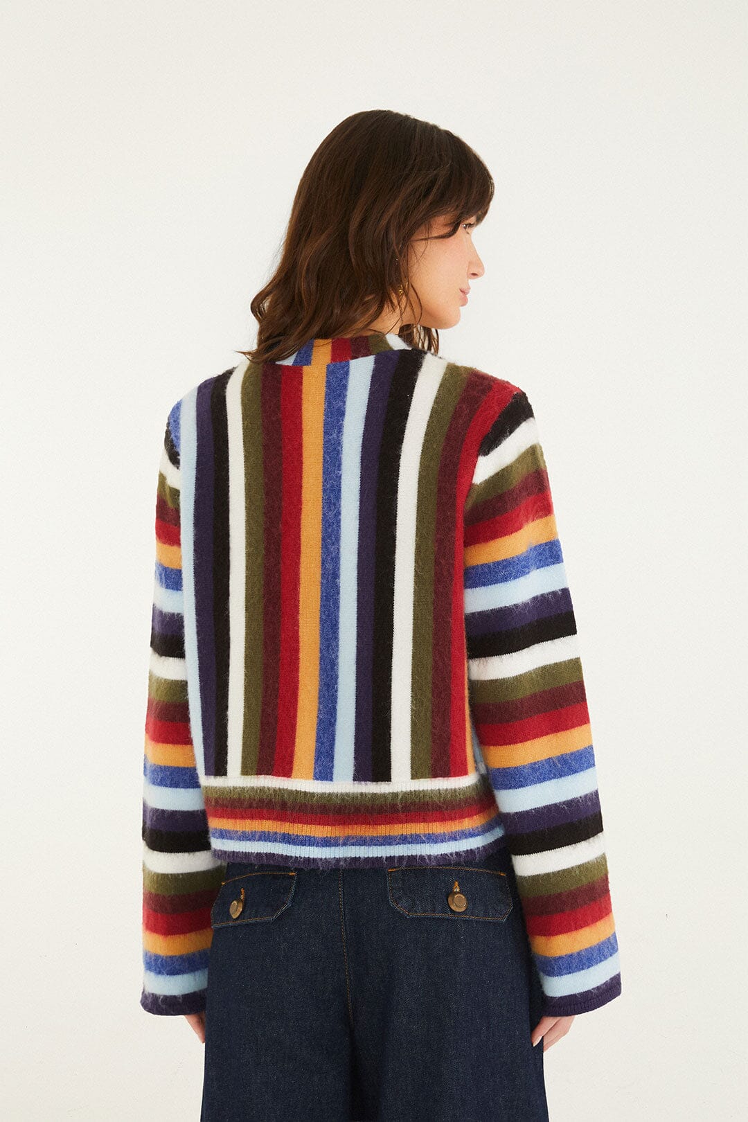 FARM Rio model wearing the Artsy Stripes Knit Cardigan