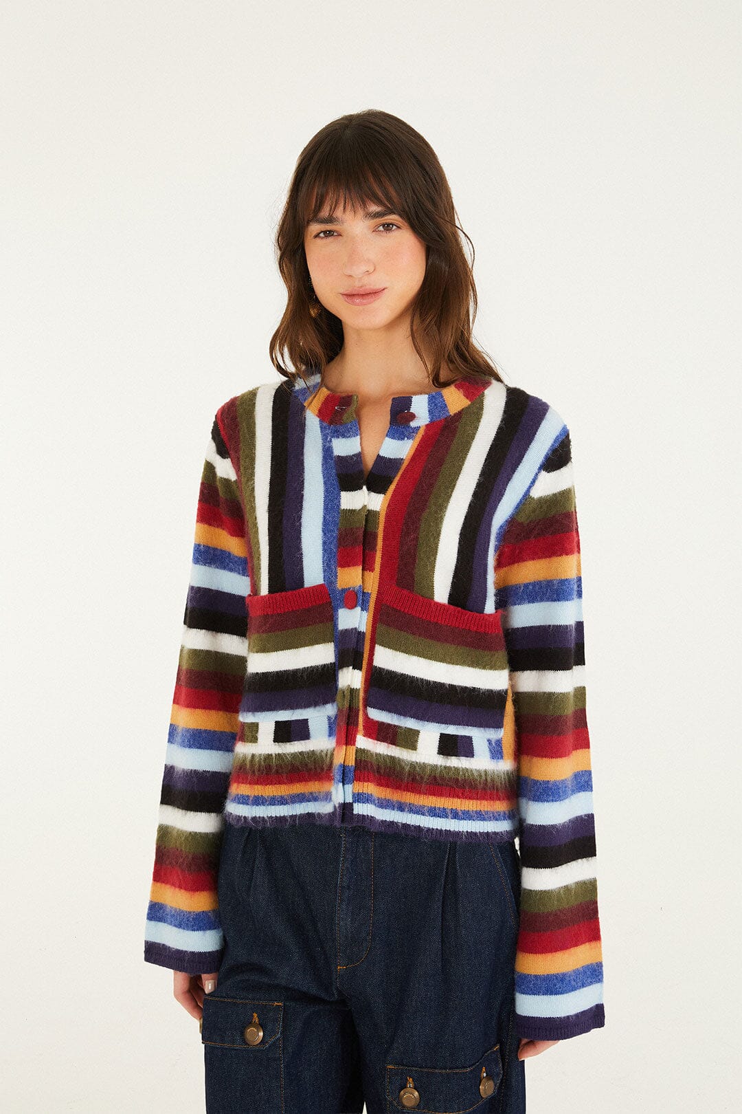FARM Rio model wearing the Artsy Stripes Knit Cardigan