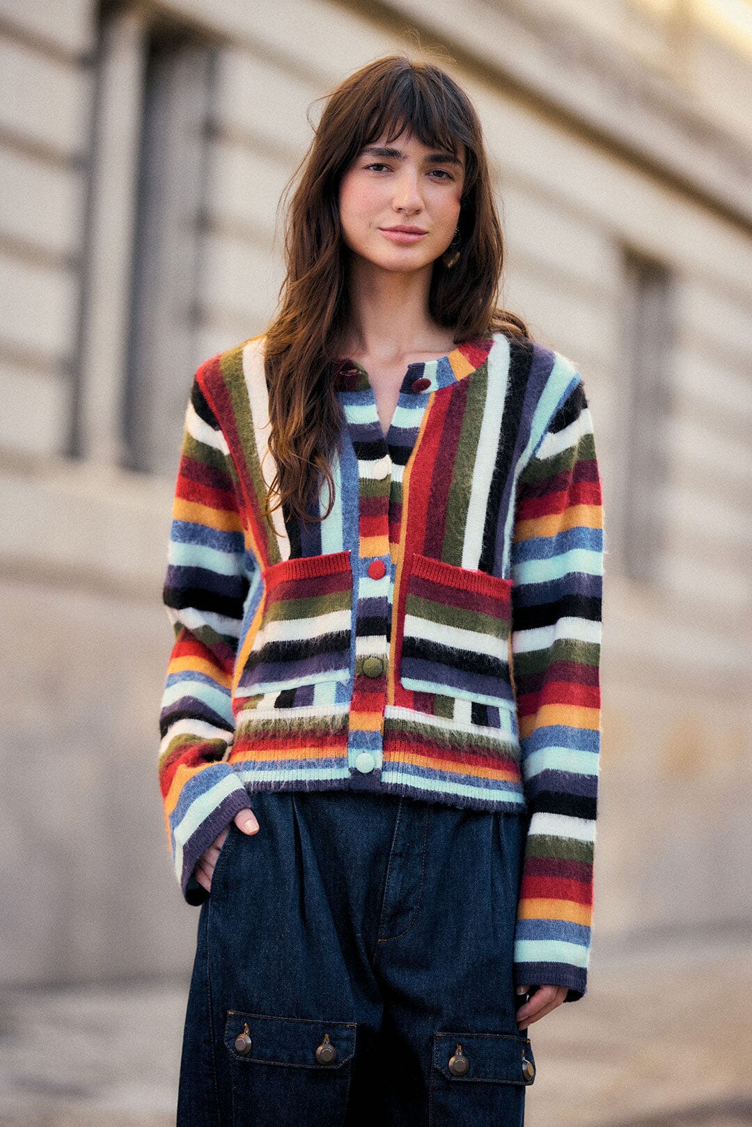 FARM Rio model wearing the Artsy Stripes Knit Cardigan