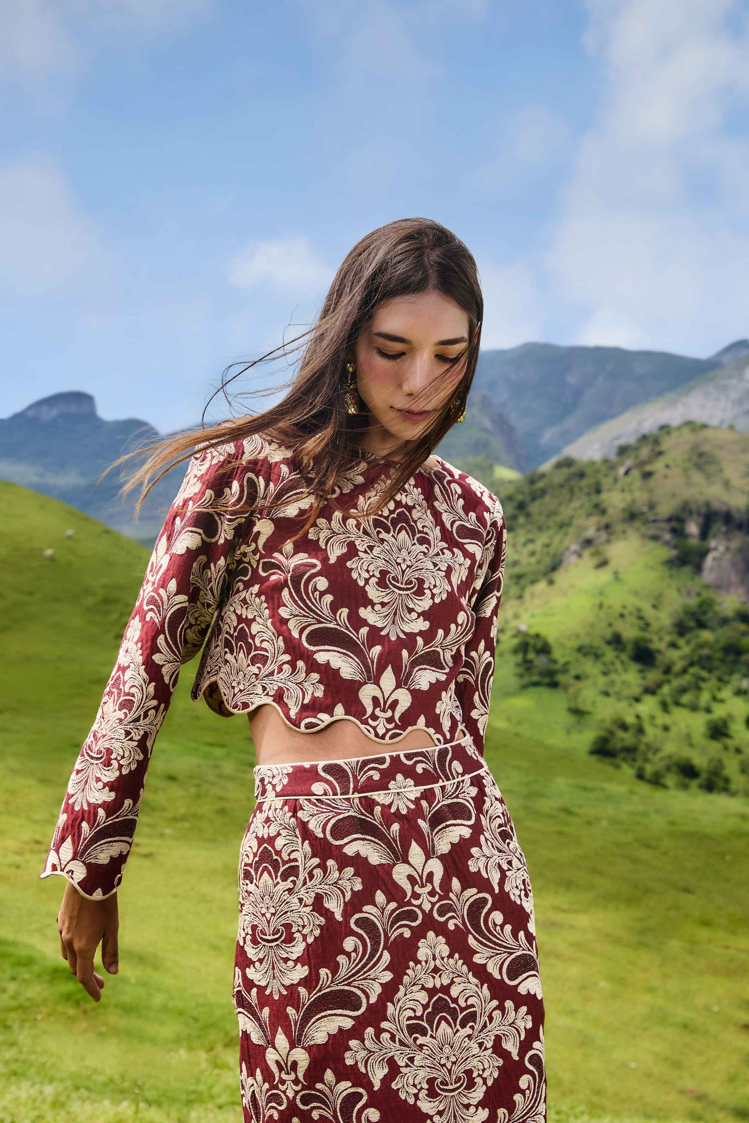 FARM Rio model wearing the Bicolor Jacquard Waves Long Sleeve Top