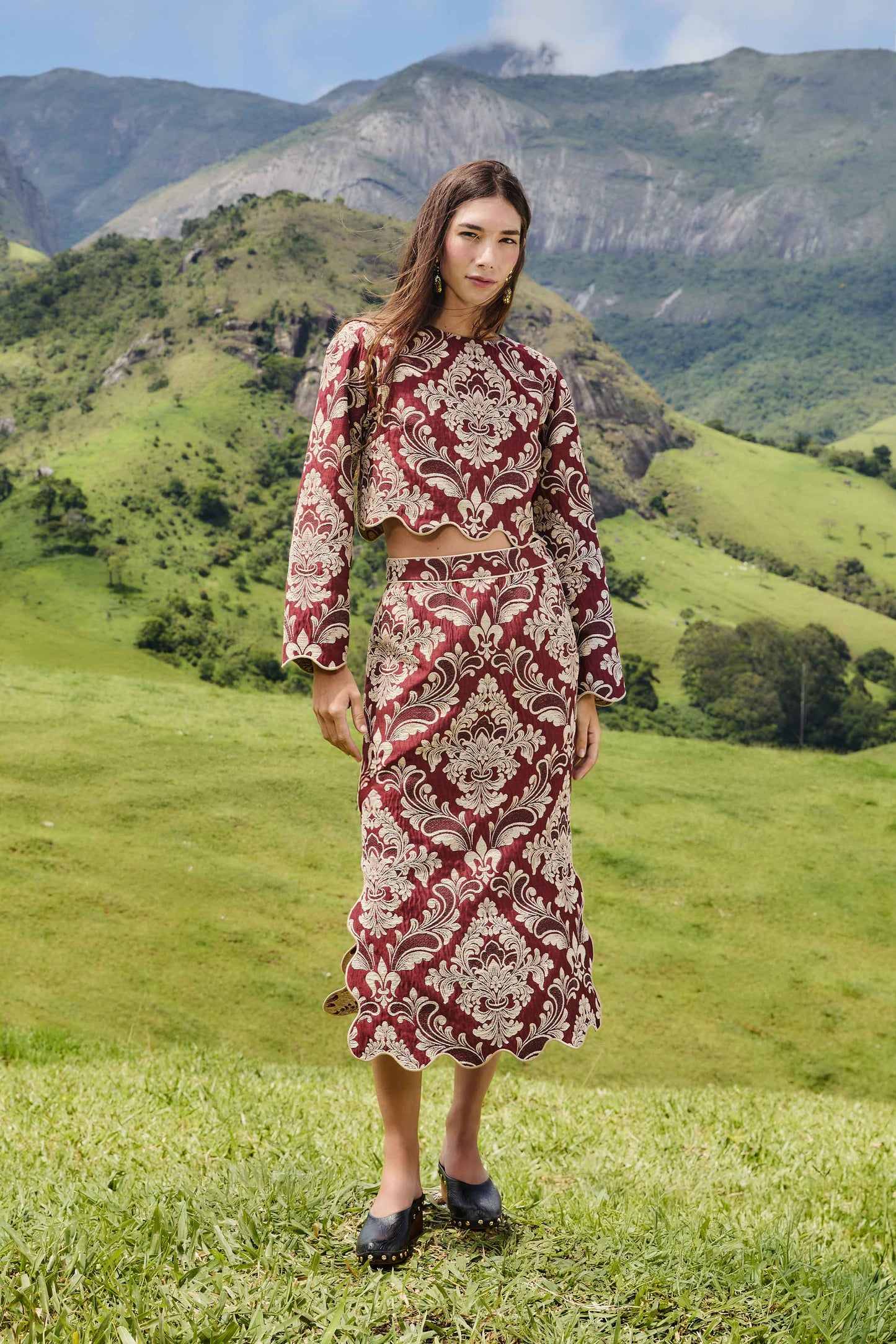 FARM Rio model wearing the Bicolor Jacquard Waves Long Sleeve Top