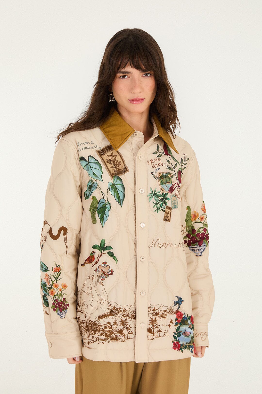 FARM Rio model wearing the Bird Poetry Quilted Shirt
