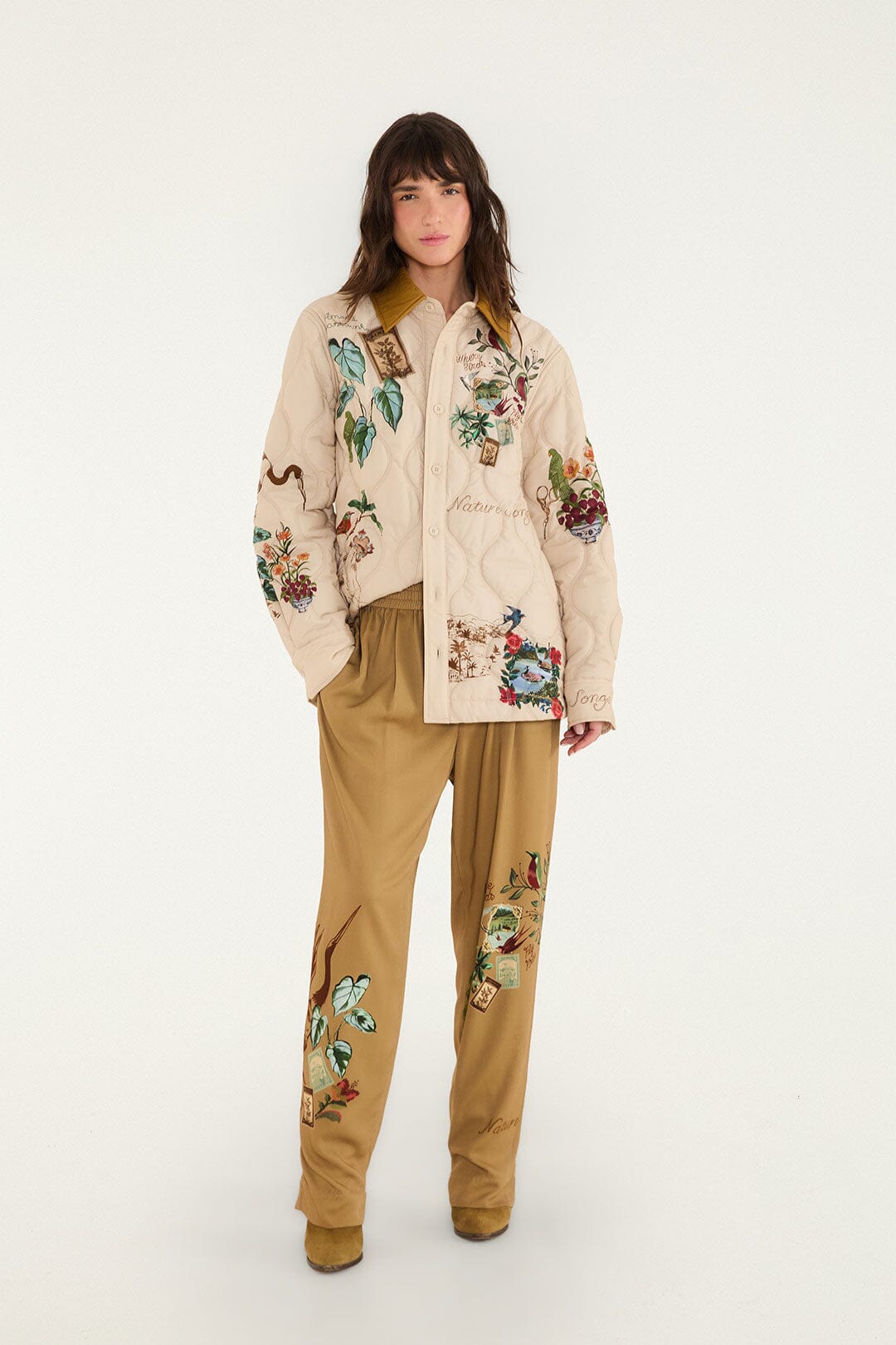 FARM Rio model wearing the Bird Poetry Quilted Shirt