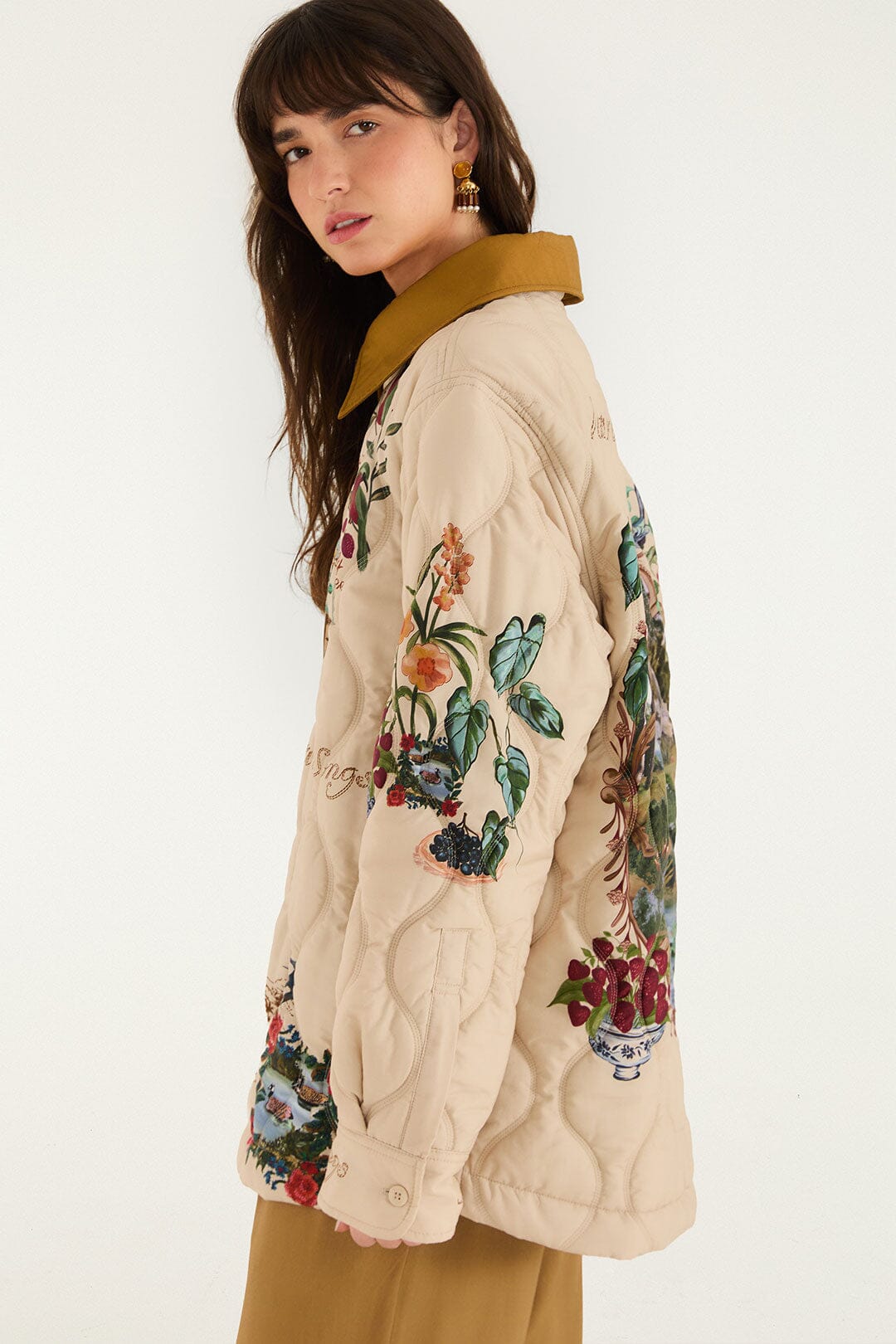 FARM Rio model wearing the Bird Poetry Quilted Shirt