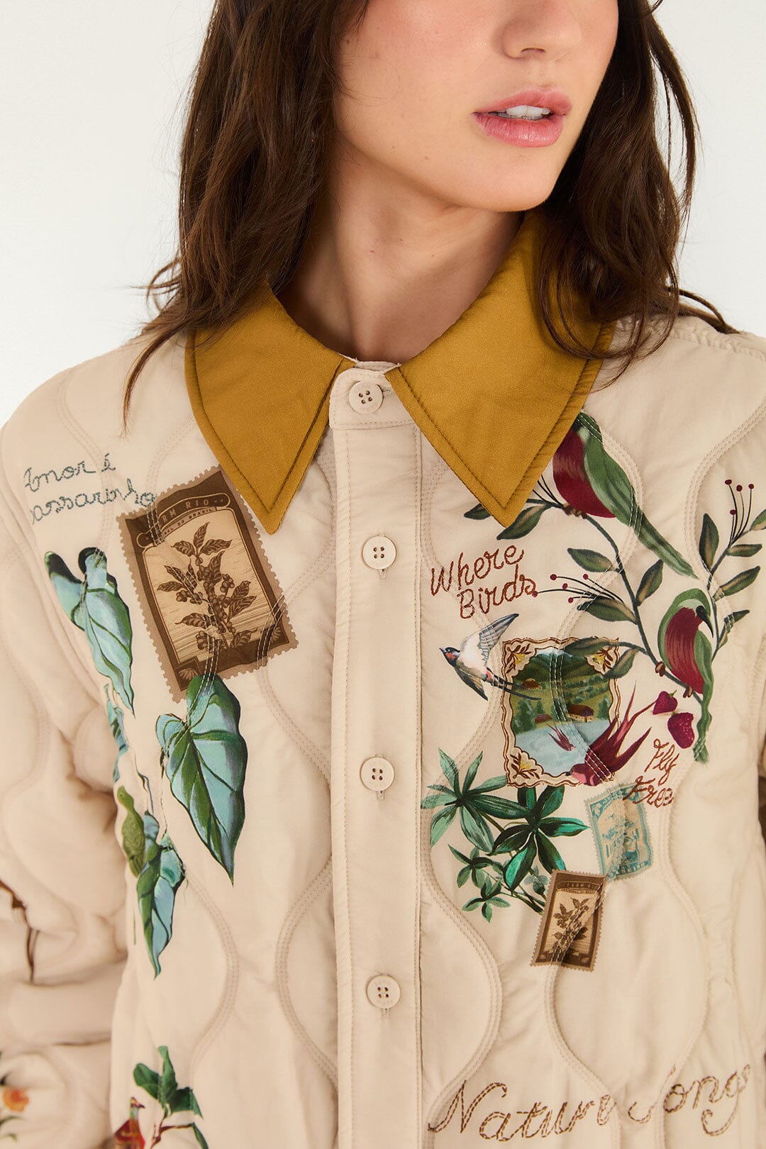 FARM Rio model wearing the Bird Poetry Quilted Shirt