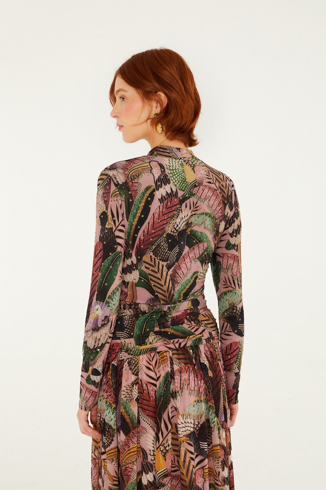 FARM Rio model wearing the Birds Blush Jersey Blouse