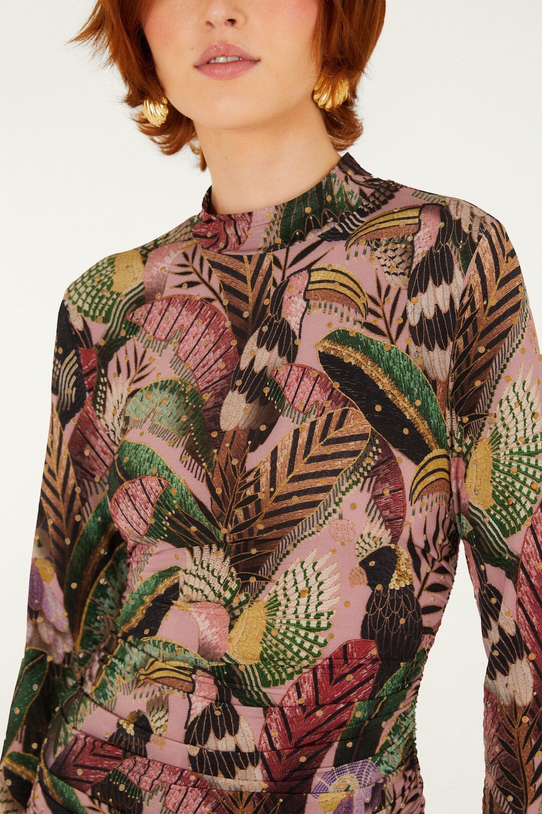 FARM Rio model wearing the Birds Blush Jersey Blouse
