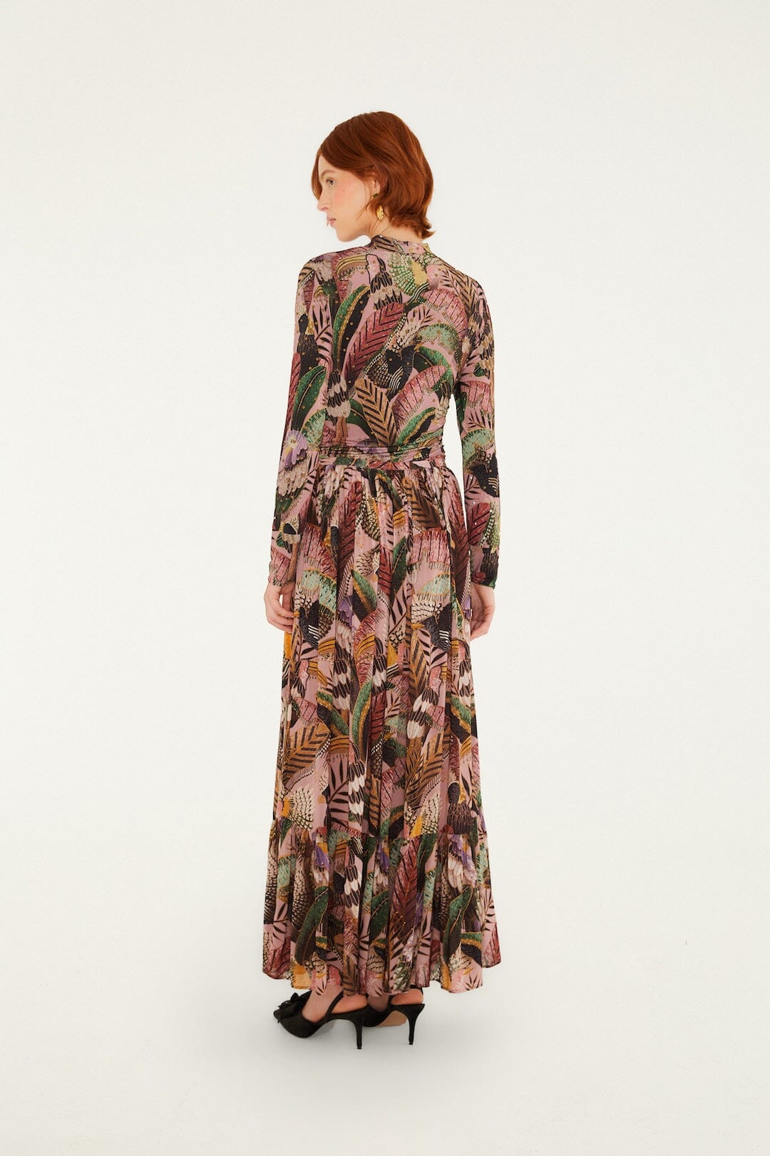 FARM Rio model wearing the Birds Blush Ruffled Hem Maxi Skirt