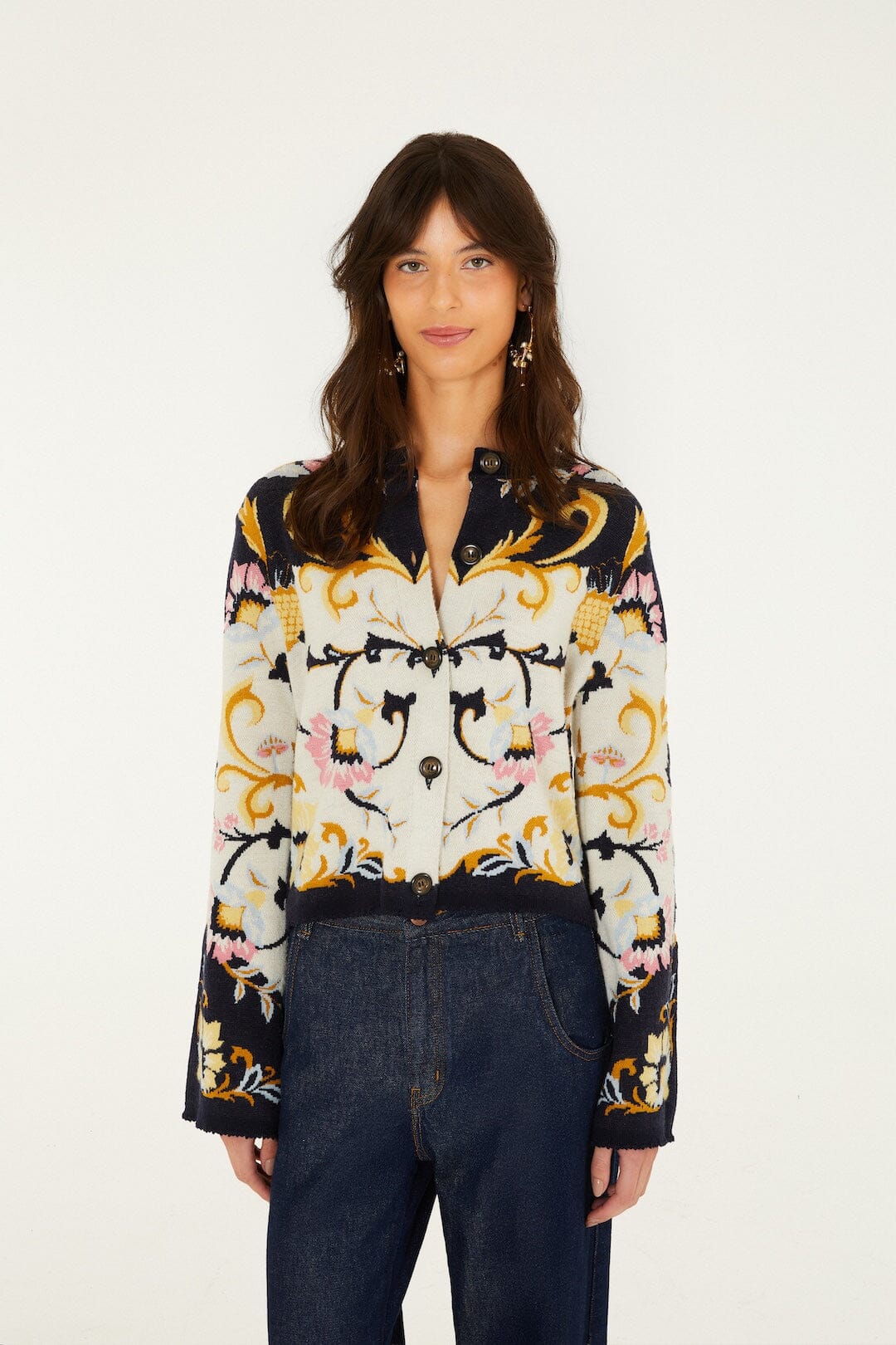 FARM Rio model wearing the Birds Romance Buttoned Knit Cardigan
