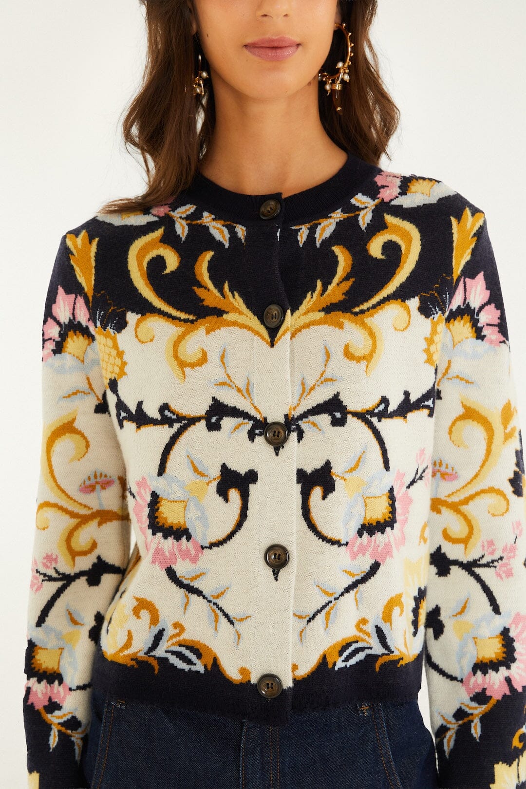 FARM Rio model wearing the Birds Romance Buttoned Knit Cardigan