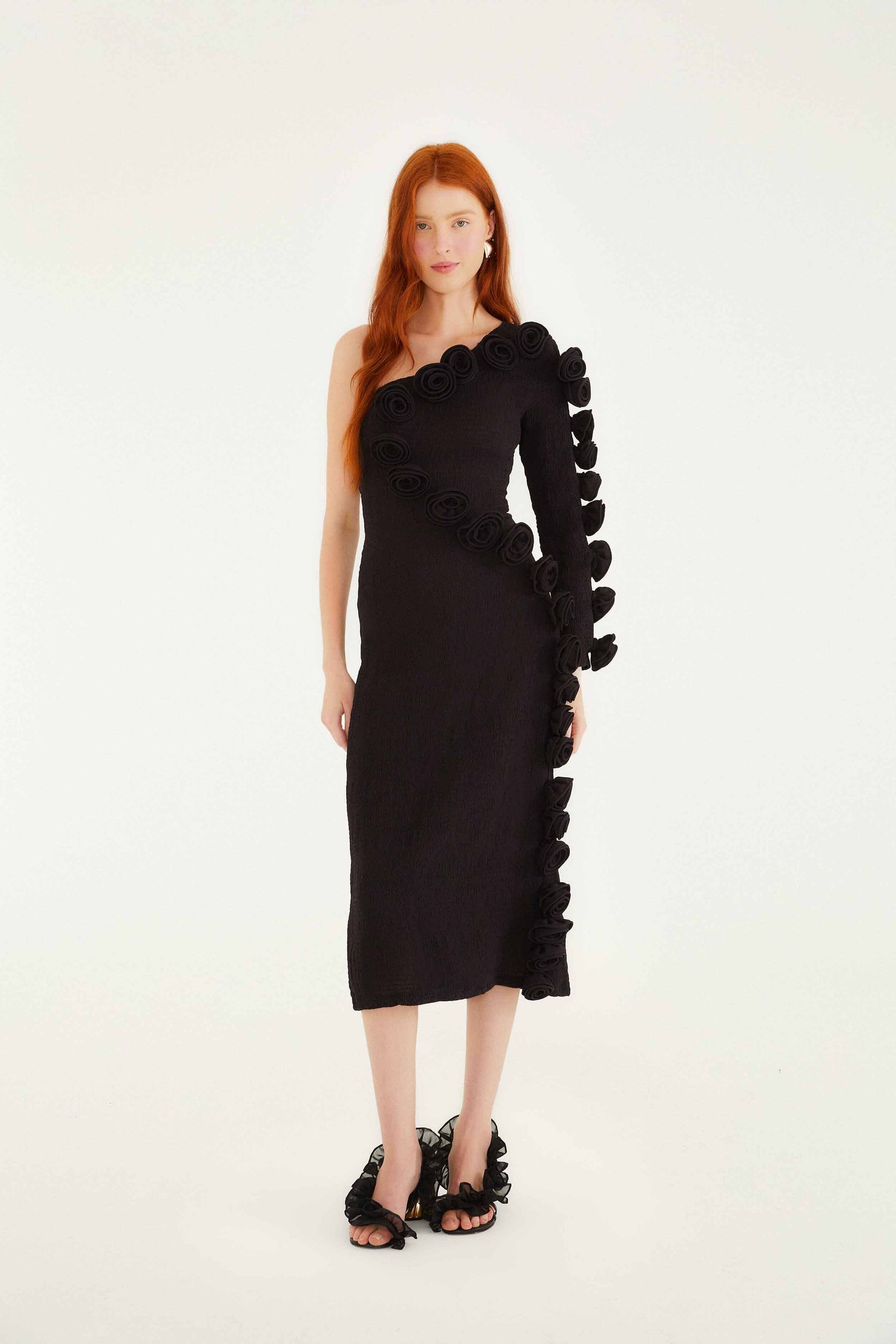 Black 3d Rose One-Shoulder Midi Dress | FARM Rio Black 3d Rose One-Shoulder Midi Dress | FARM Rio