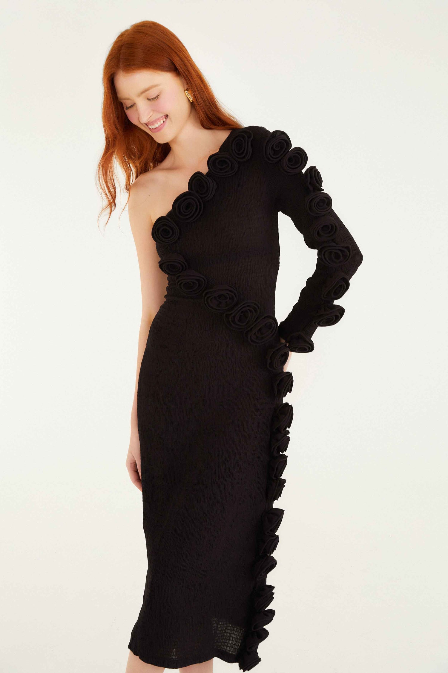 FARM Rio Black 3d Rose One-Shoulder Midi Dress, Black / M FARM Rio Black 3d Rose One-Shoulder Midi Dress, Black / M