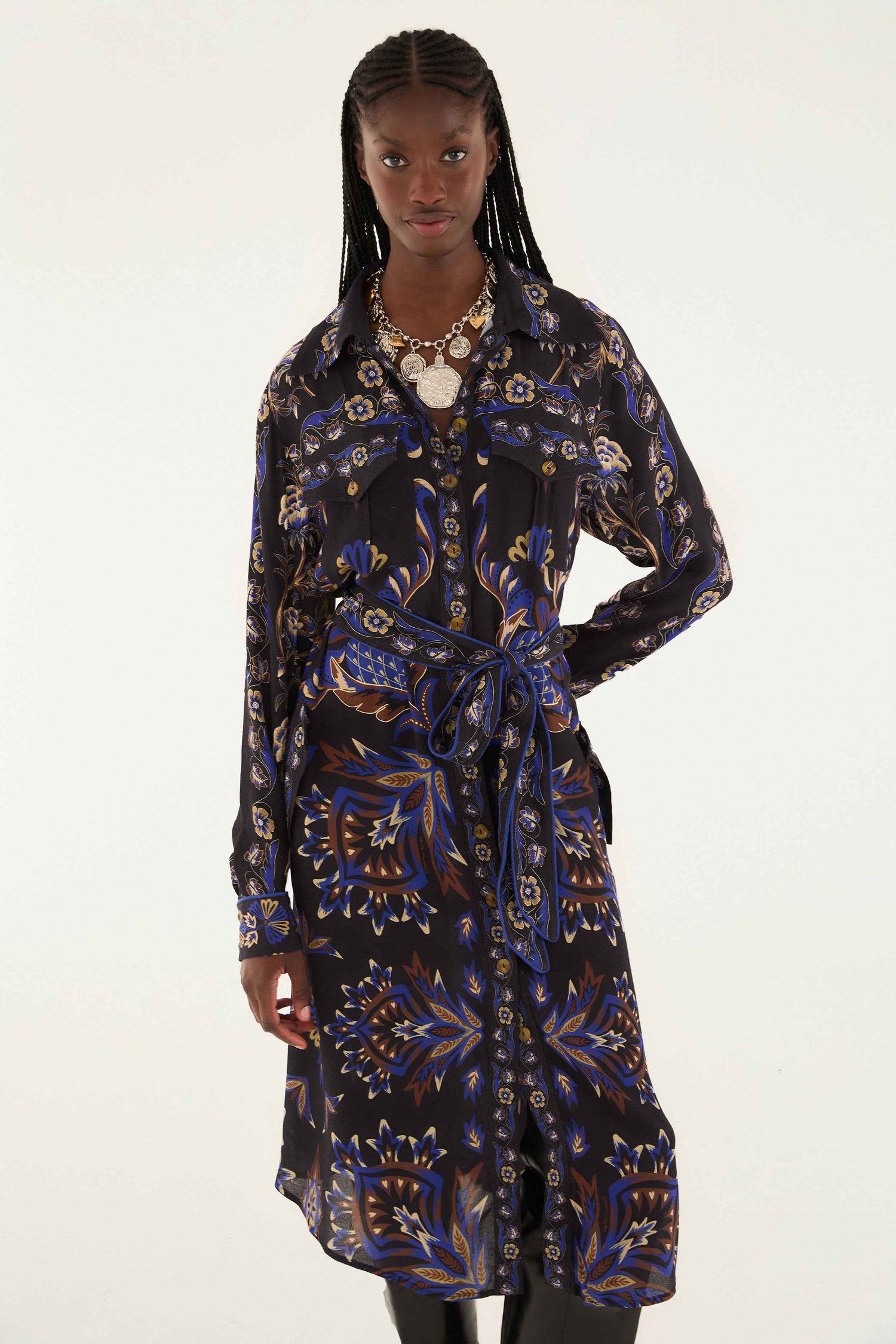 Farm Rio Arabesque Mix Scarves Midi Shirt Dress - Arabesque Mix Scarves Black Farm Rio Arabesque Mix Scarves Midi Shirt Dress - Arabesque Mix Scarves Black