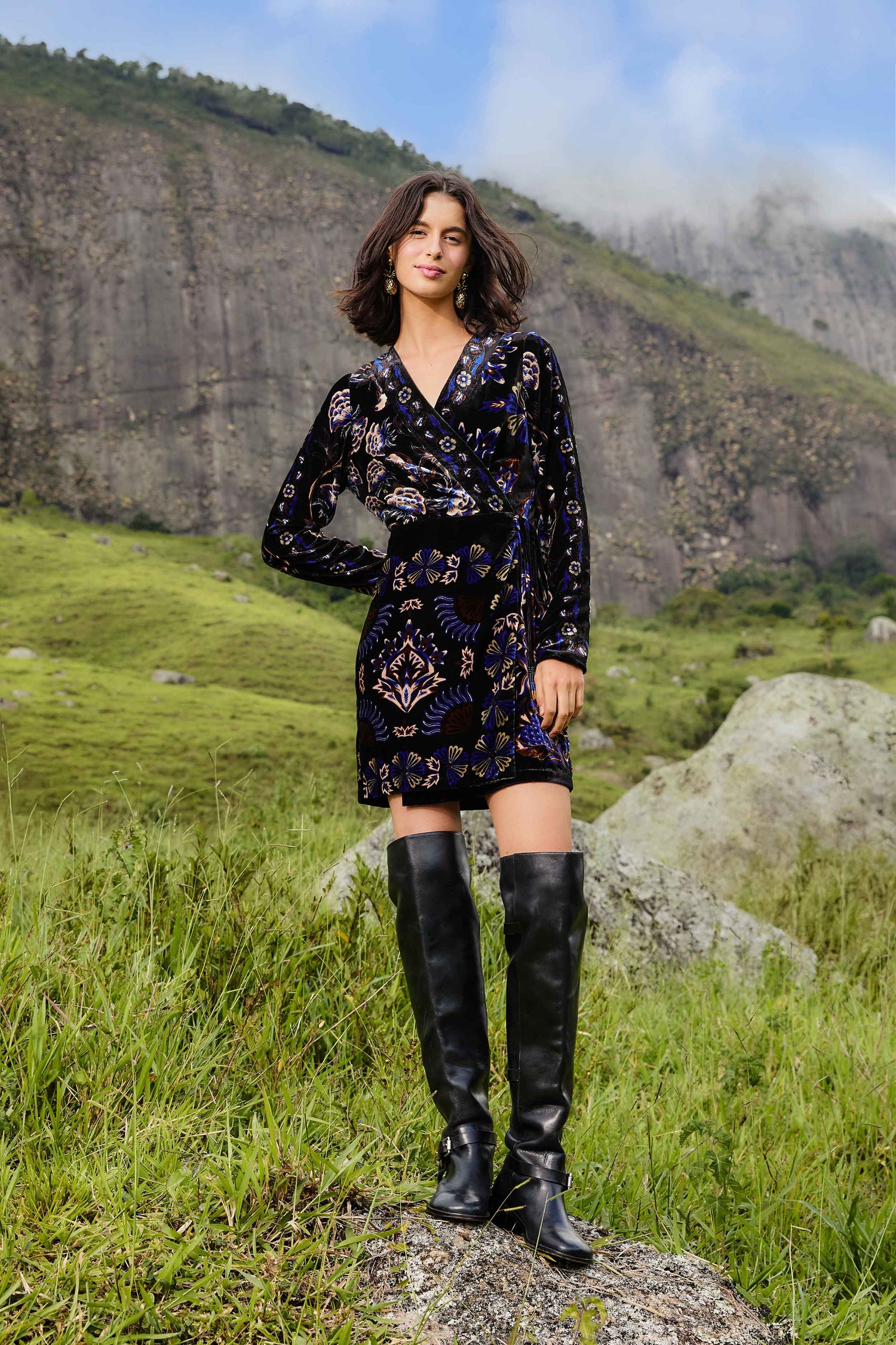 FARM Rio model wearing the Black Arabesque Mix Scarves Wrap Mini Dress