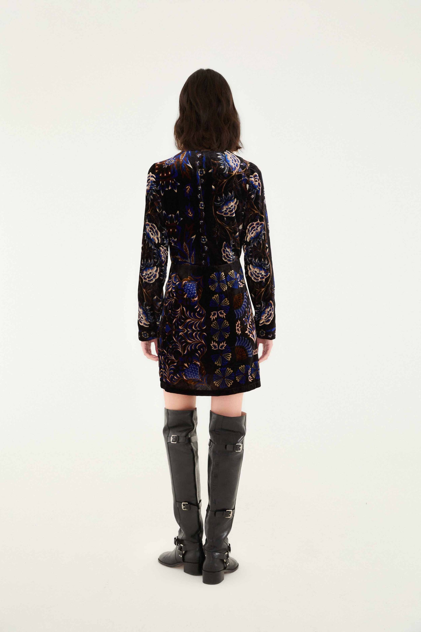 FARM Rio model wearing the Black Arabesque Mix Scarves Wrap Mini Dress