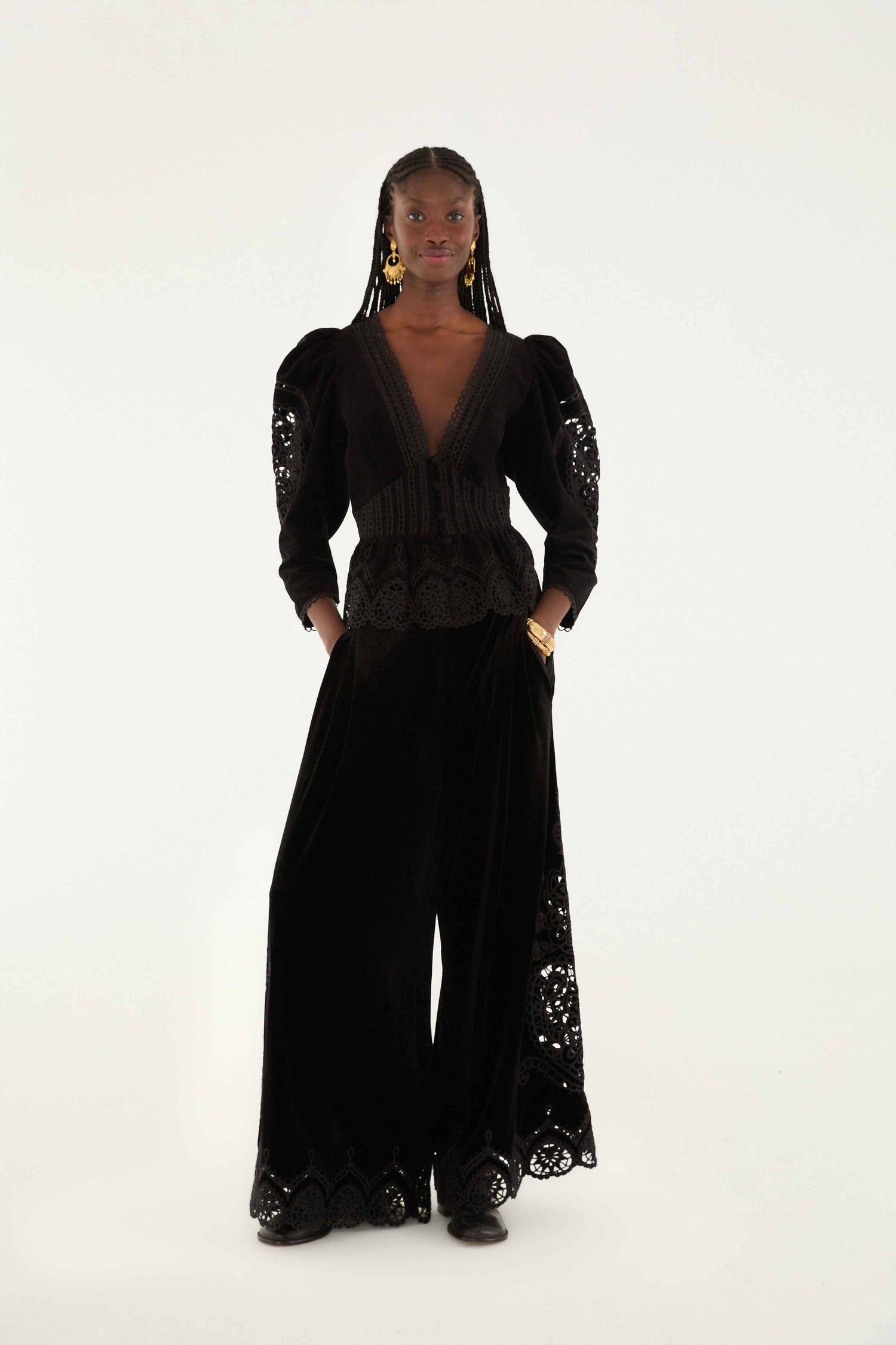 FARM Rio model wearing the Black Artichoke Heart Richelieu Blouse