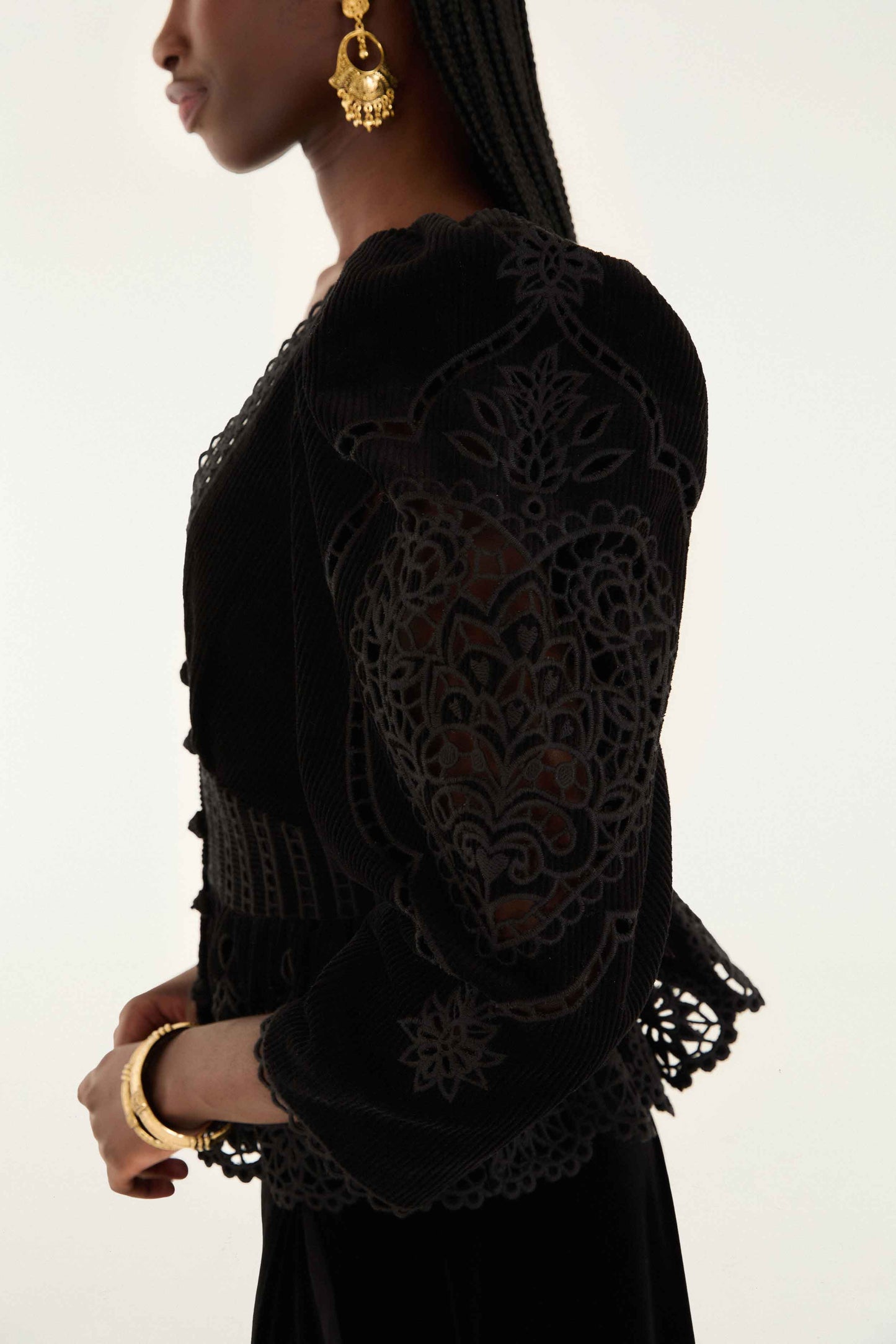 FARM Rio model wearing the Black Artichoke Heart Richelieu Blouse